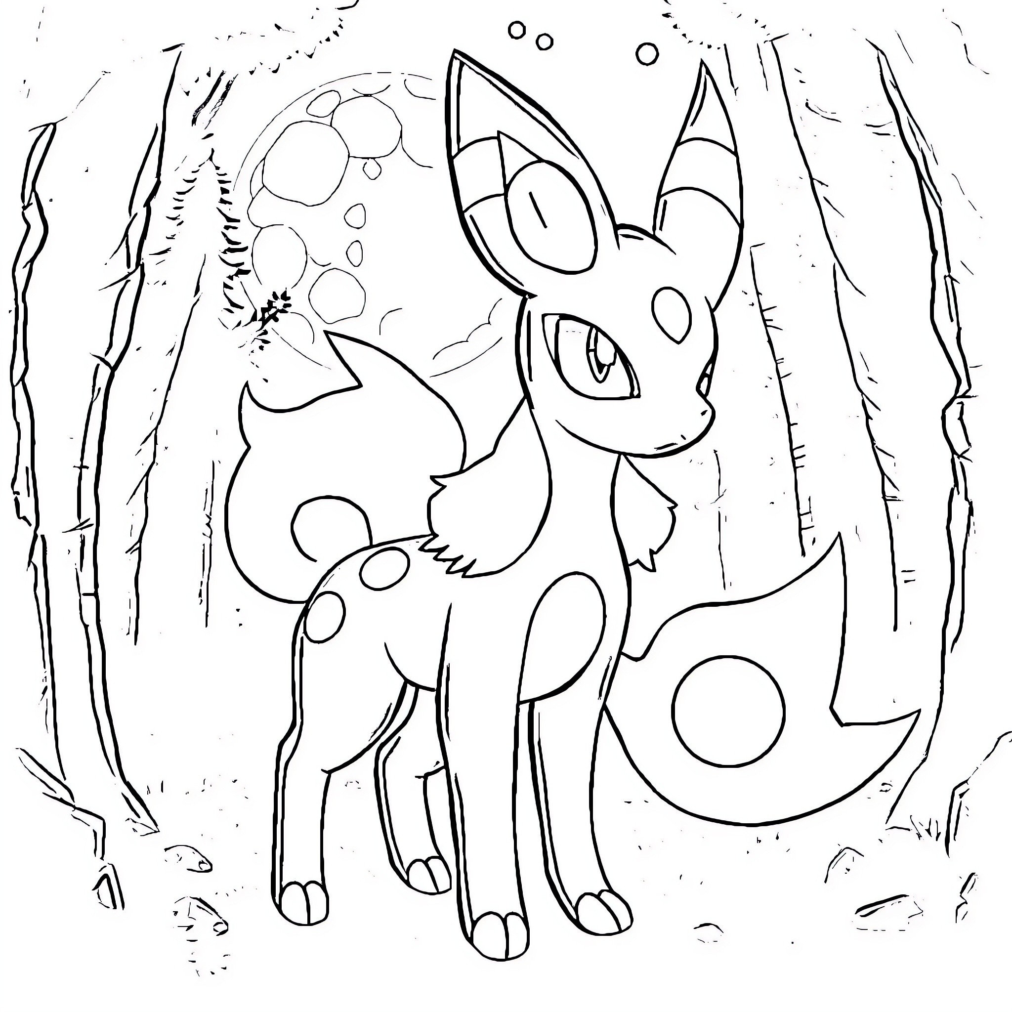 Umbreon exploring the forest at night Coloring Page (free black-and-white line drawing printable PDF for all, from beginners to advanced learners, including children, teens, adults, and seniors)