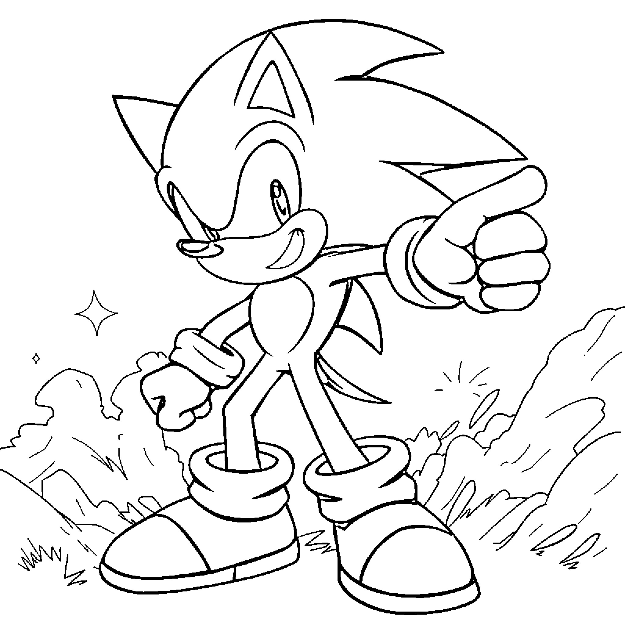 Sonic heroically rushing into action Coloring Page (free black-and-white line drawing printable PDF for all, from beginners to advanced learners, including children, teens, adults, and seniors)