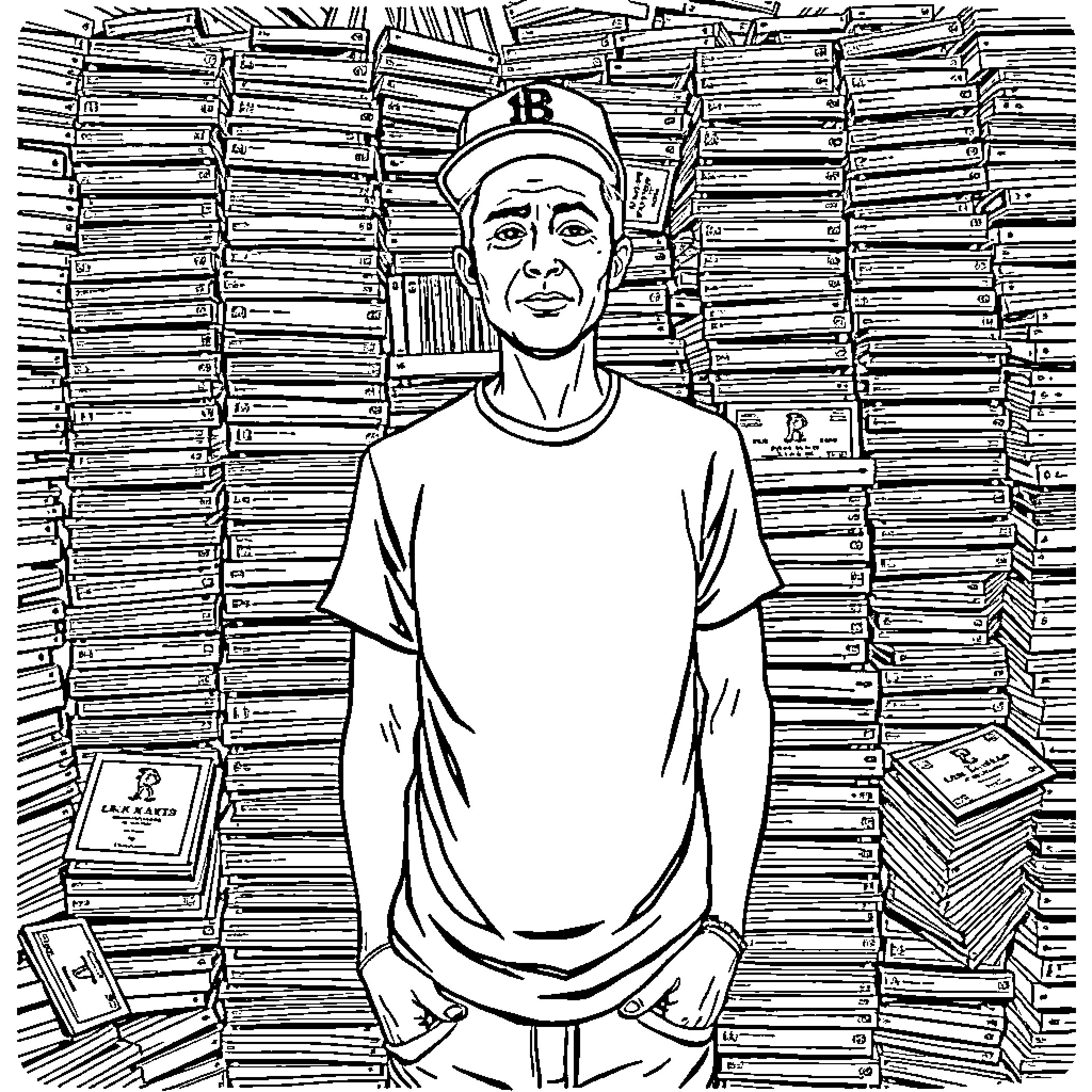 Baseball Card of a Player in a Warehouse Coloring Page (free black-and-white line drawing printable PDF for all, from beginners to advanced learners, including children, teens, adults, and seniors)