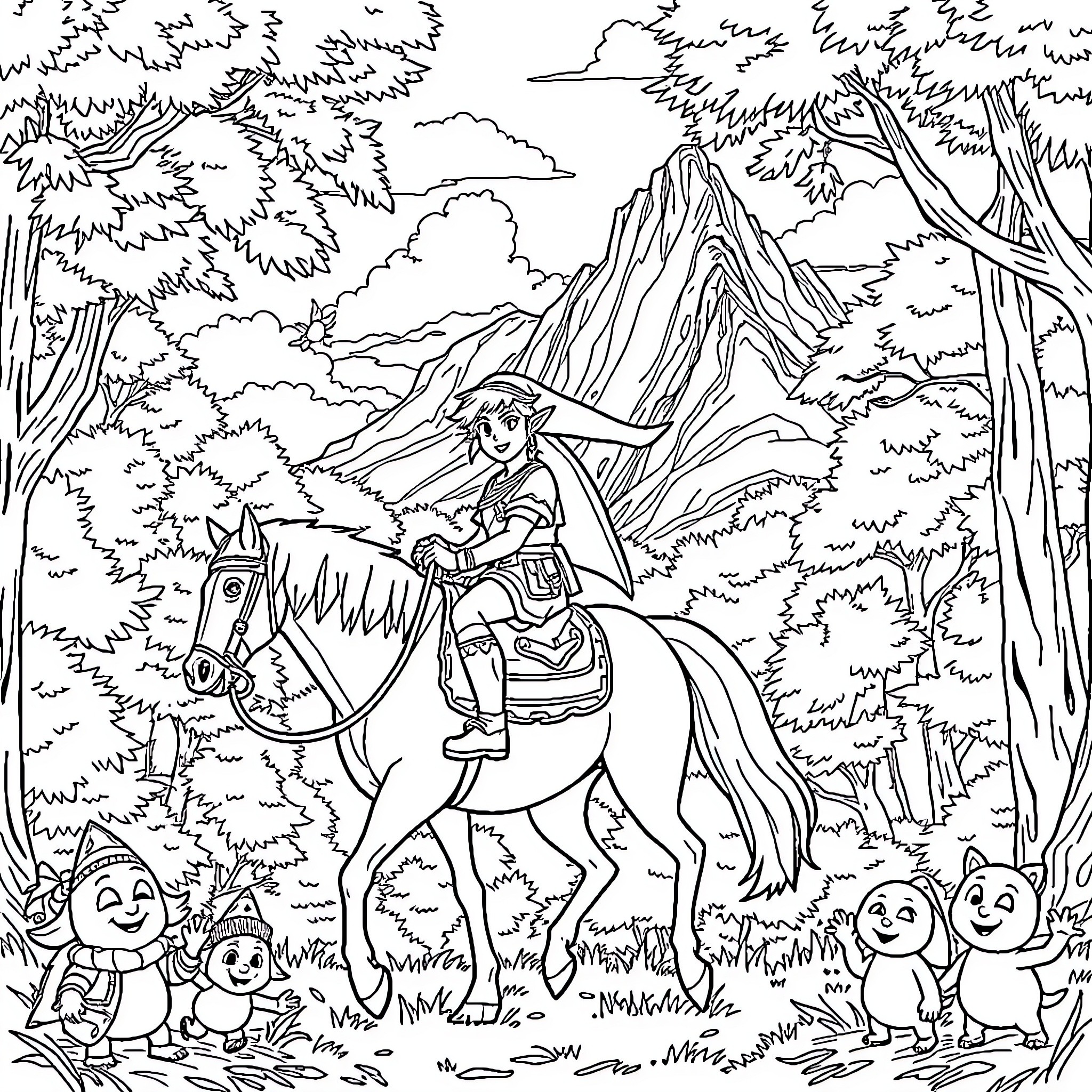 Link Embarking on an Adventure through a Magical Forest Coloring Page (free black-and-white line drawing printable PDF for all, from beginners to advanced learners, including children, teens, adults, and seniors)