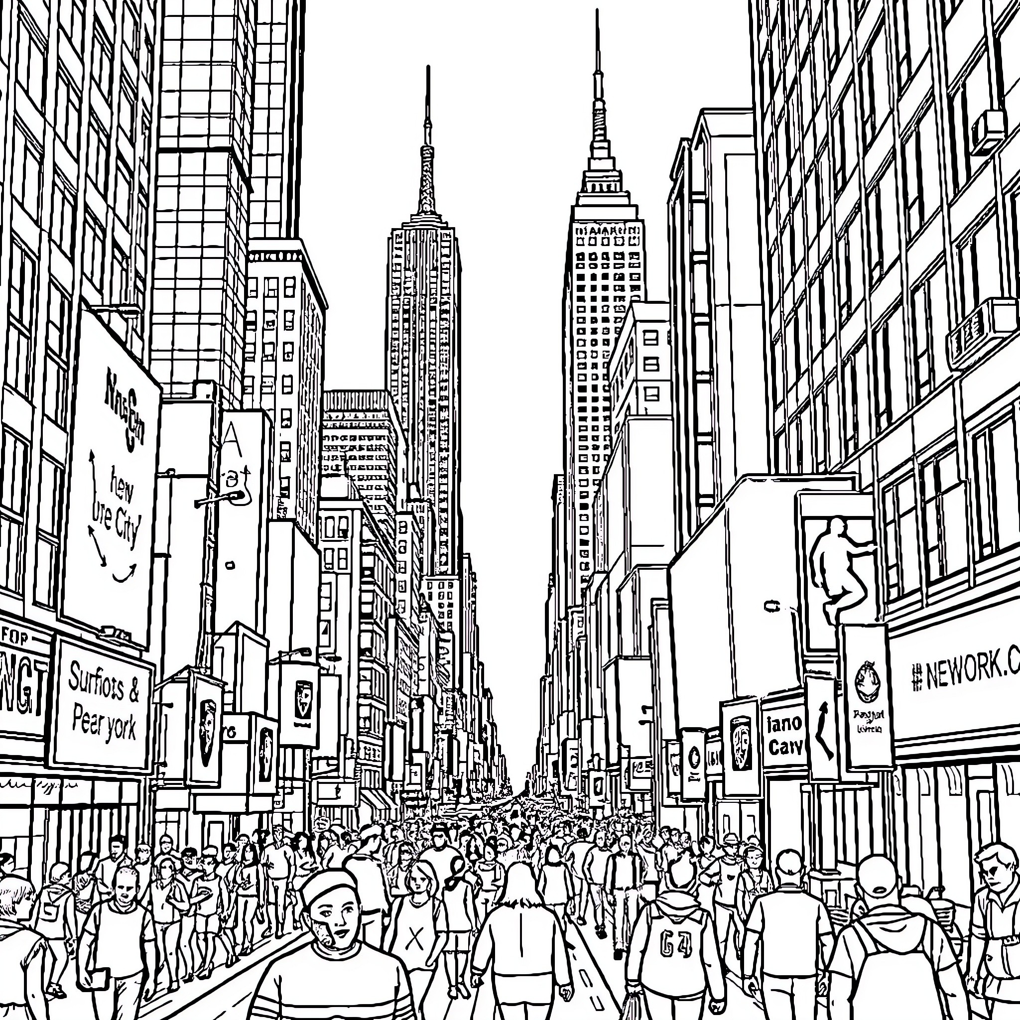 New York City's Bustling Streets and Iconic Skyline Coloring Page (free black-and-white line drawing printable PDF for all, from beginners to advanced learners, including children, teens, adults, and seniors)