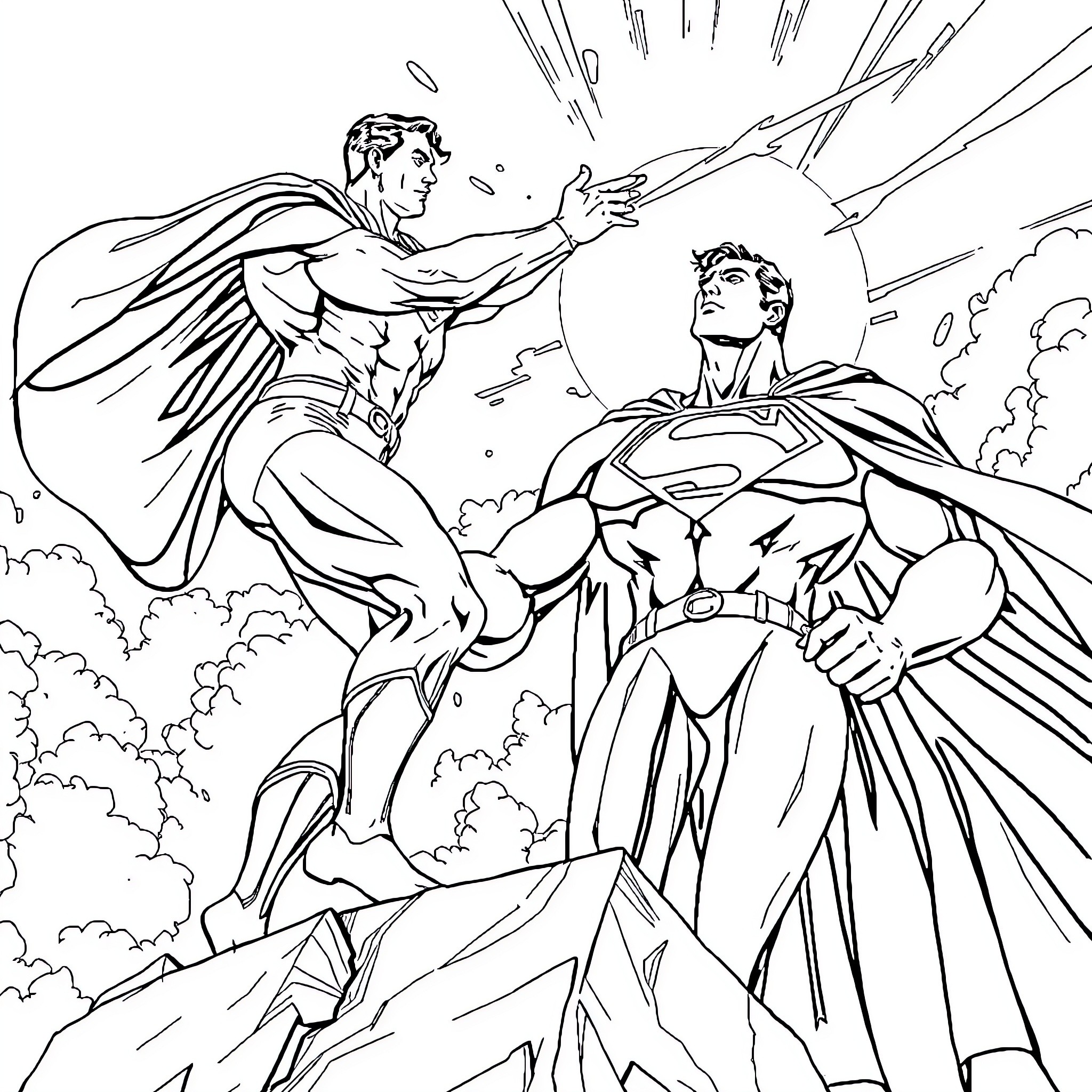 Superman battles a powerful foe in an epic showdown Coloring Page (free black-and-white line drawing printable PDF for all, from beginners to advanced learners, including children, teens, adults, and seniors)