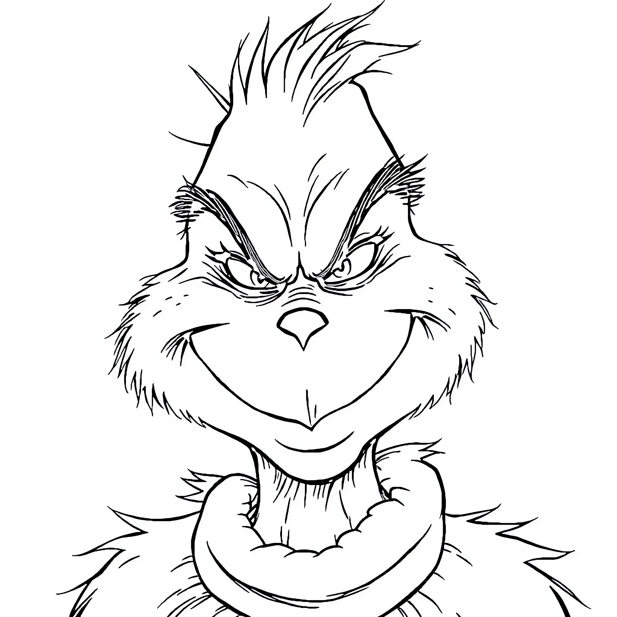 Grinch's Mischievous Grin and Disheveled Appearance Coloring Page (free black-and-white line drawing printable PDF for all, from beginners to advanced learners, including children, teens, adults, and seniors)