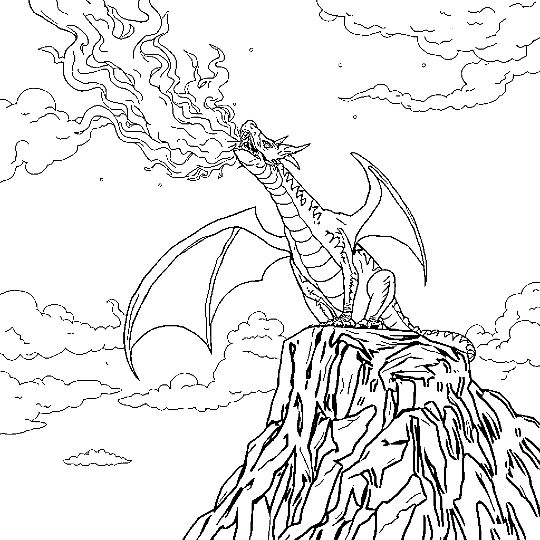 Dragon breathing fire atop a rocky mountain Coloring Page (free black-and-white line drawing printable PDF for all, from beginners to advanced learners, including children, teens, adults, and seniors)