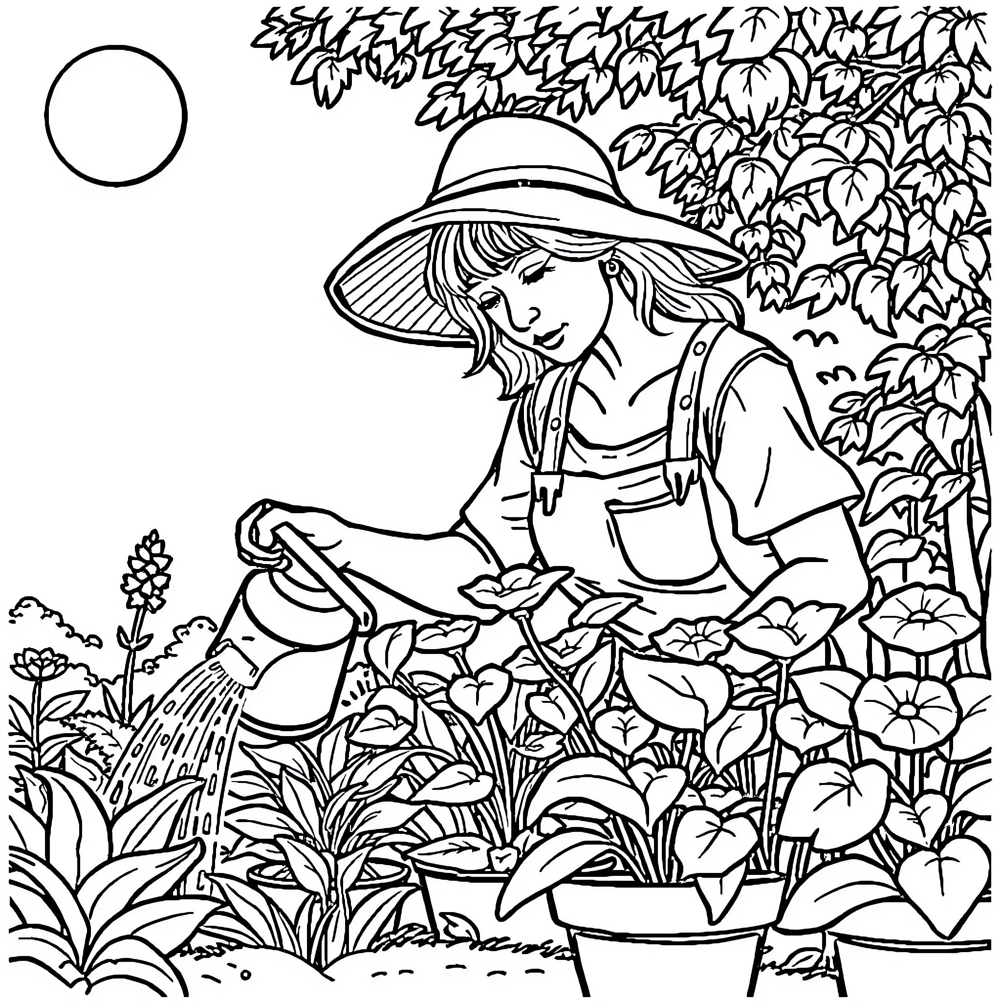 Mom tending to her garden on a sunny day Coloring Page (free black-and-white line drawing printable PDF for all, from beginners to advanced learners, including children, teens, adults, and seniors)