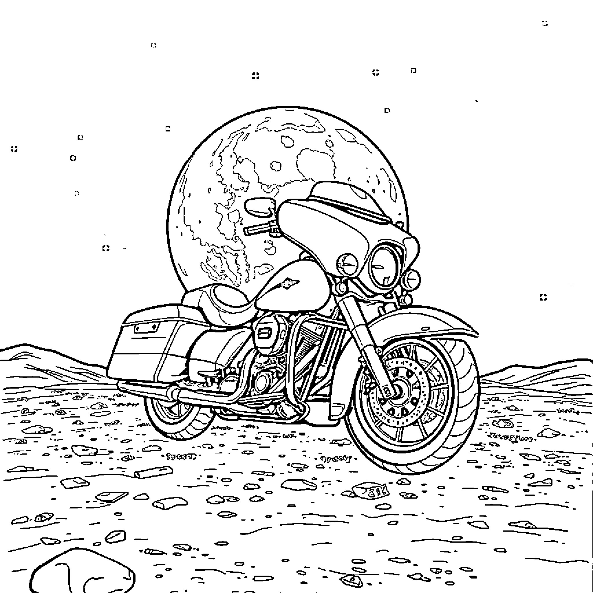Harley Cruising Under the Starry Night Sky Coloring Page (free black-and-white line drawing printable PDF for all, from beginners to advanced learners, including children, teens, adults, and seniors)