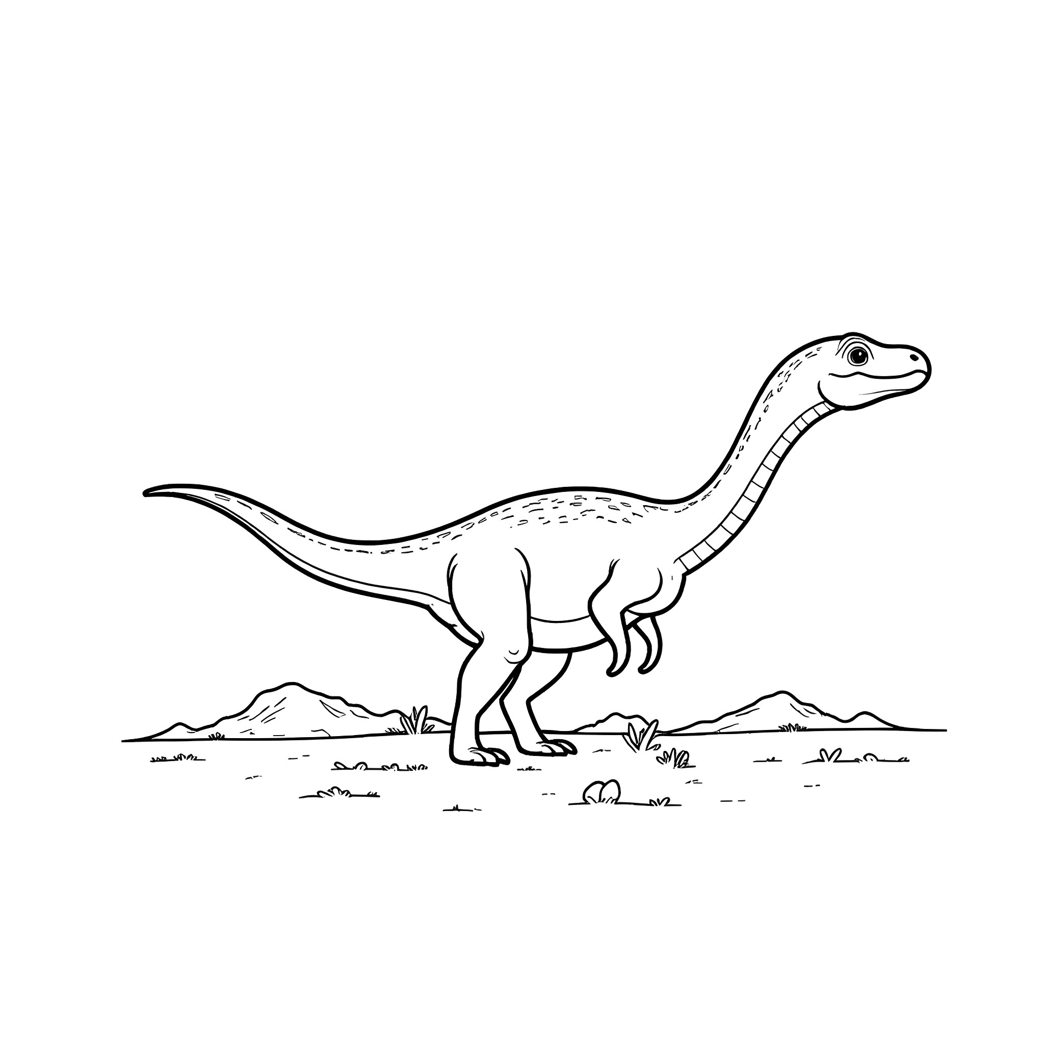 Velociraptor hunting in the prehistoric landscape Coloring Page (free black-and-white line drawing printable PDF for all, from beginners to advanced learners, including children, teens, adults, and seniors)