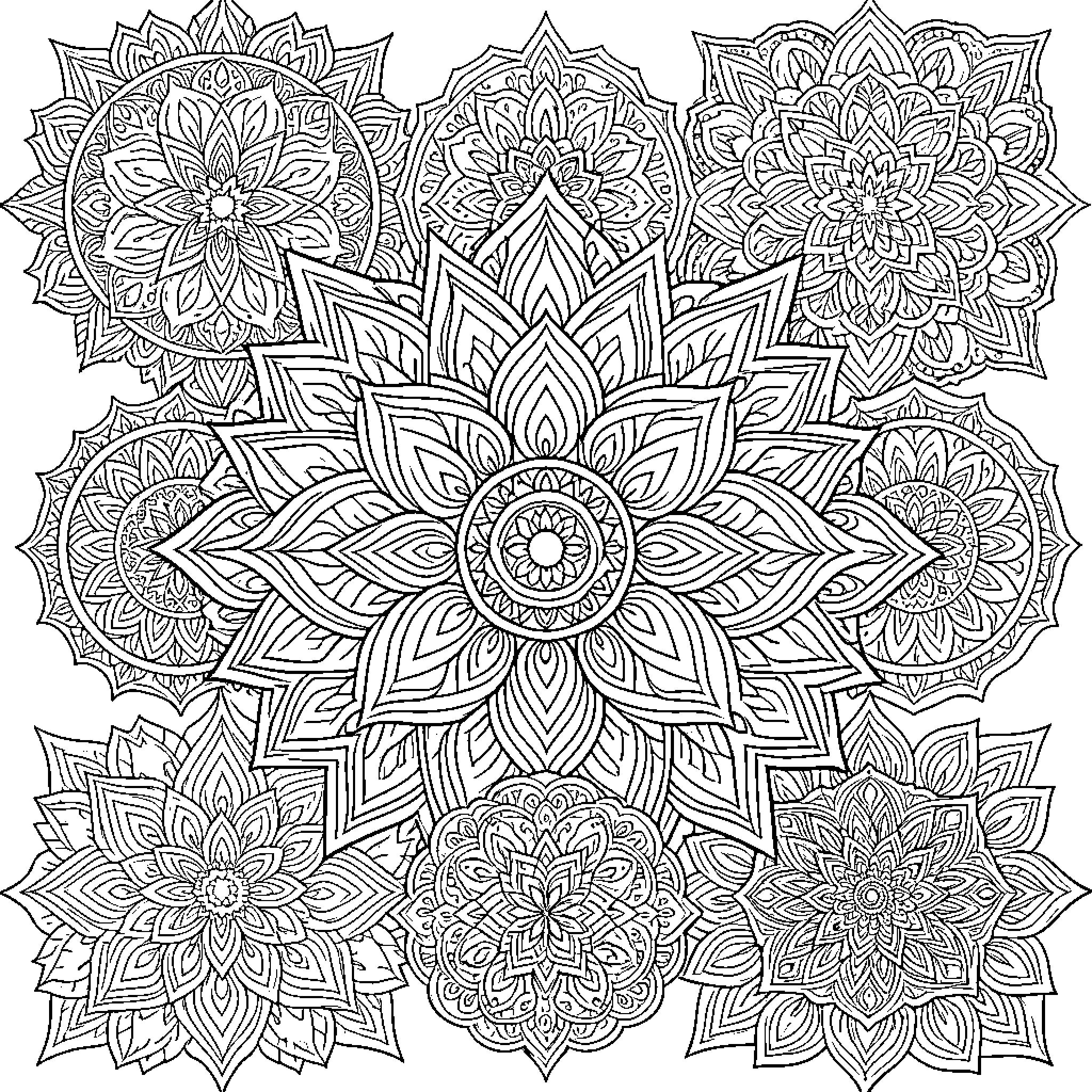 Mandalas of intricate floral patterns Coloring Page (free black-and-white line drawing printable PDF for all, from beginners to advanced learners, including children, teens, adults, and seniors)
