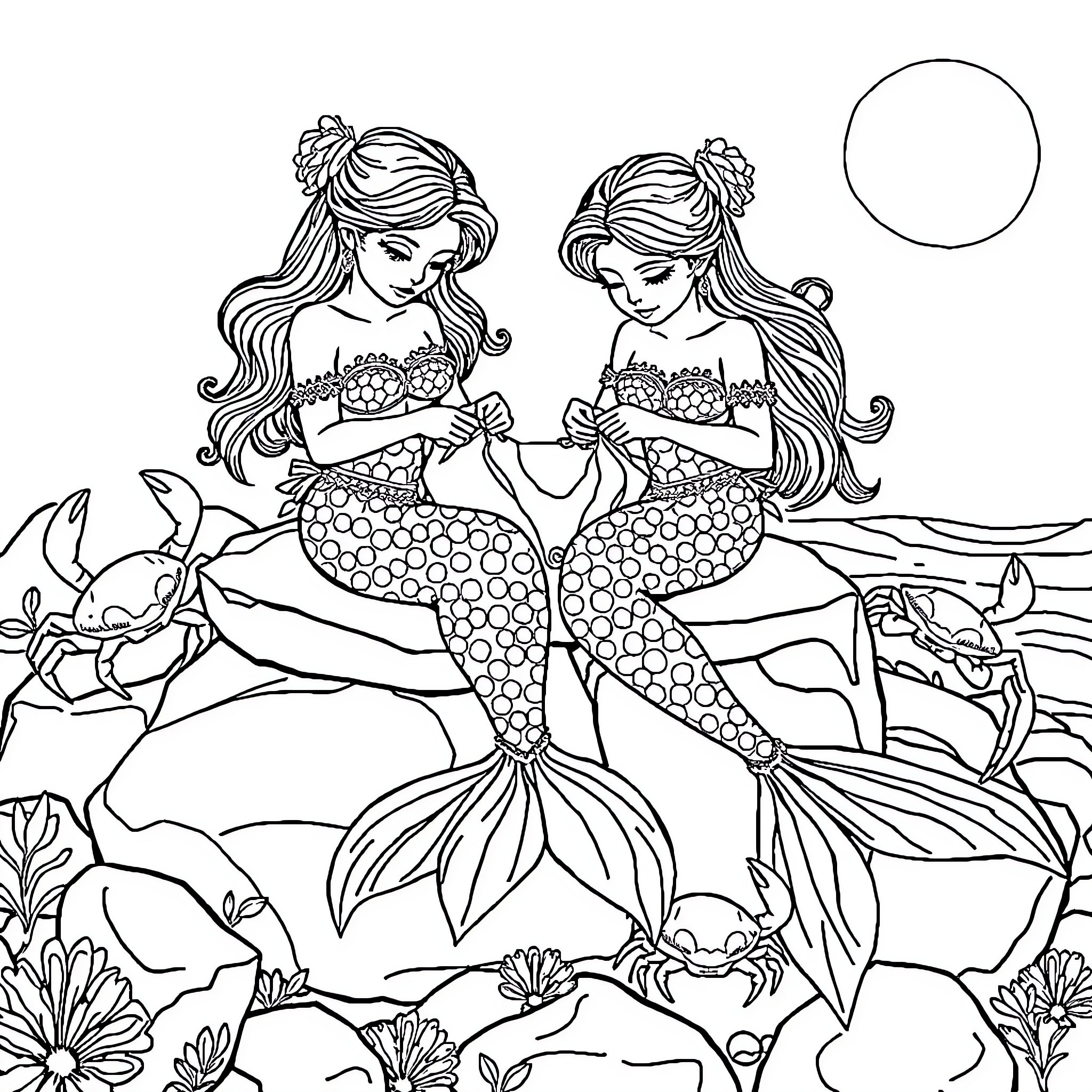 Mermaid sisters enchanting underwater scene Coloring Page (free black-and-white line drawing printable PDF for all, from beginners to advanced learners, including children, teens, adults, and seniors)