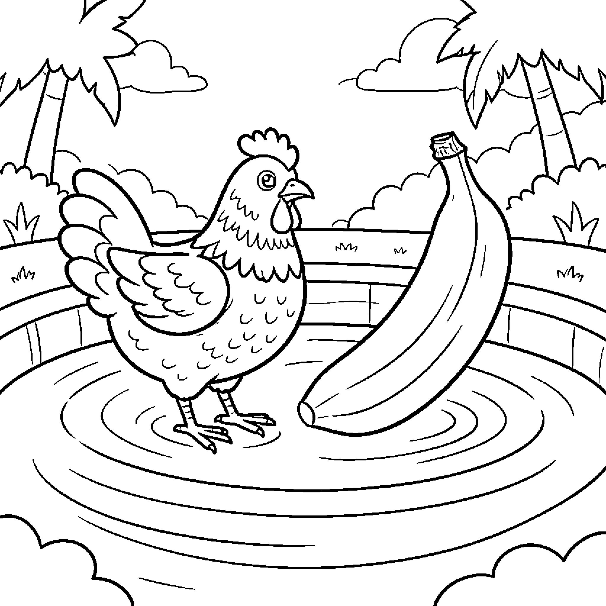 Chicken looking curiously at a large banana Coloring Page (free black-and-white line drawing printable PDF for all, from beginners to advanced learners, including children, teens, adults, and seniors)