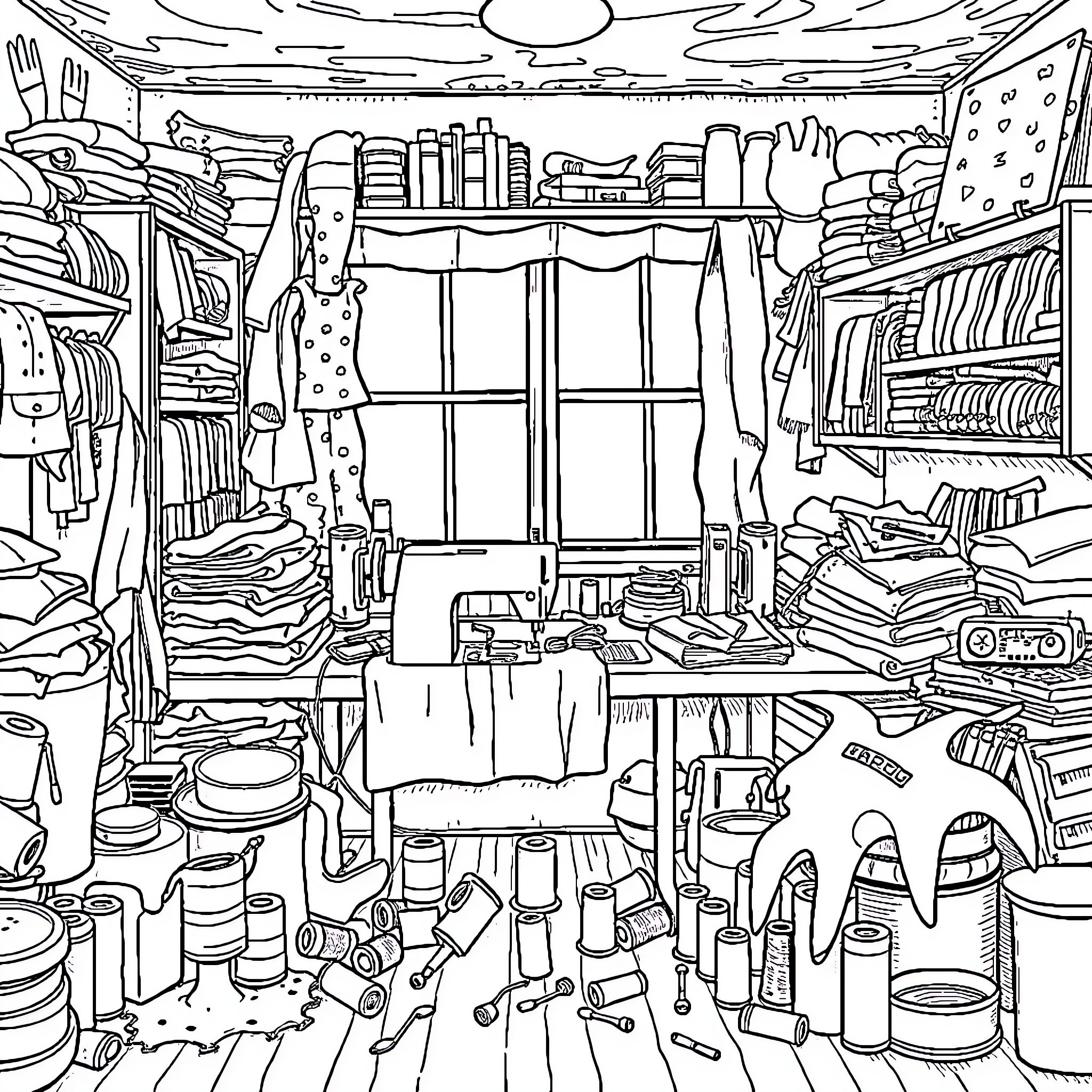 Sewing Room Filled with Tools and Supplies Coloring Page (free black-and-white line drawing printable PDF for all, from beginners to advanced learners, including children, teens, adults, and seniors)
