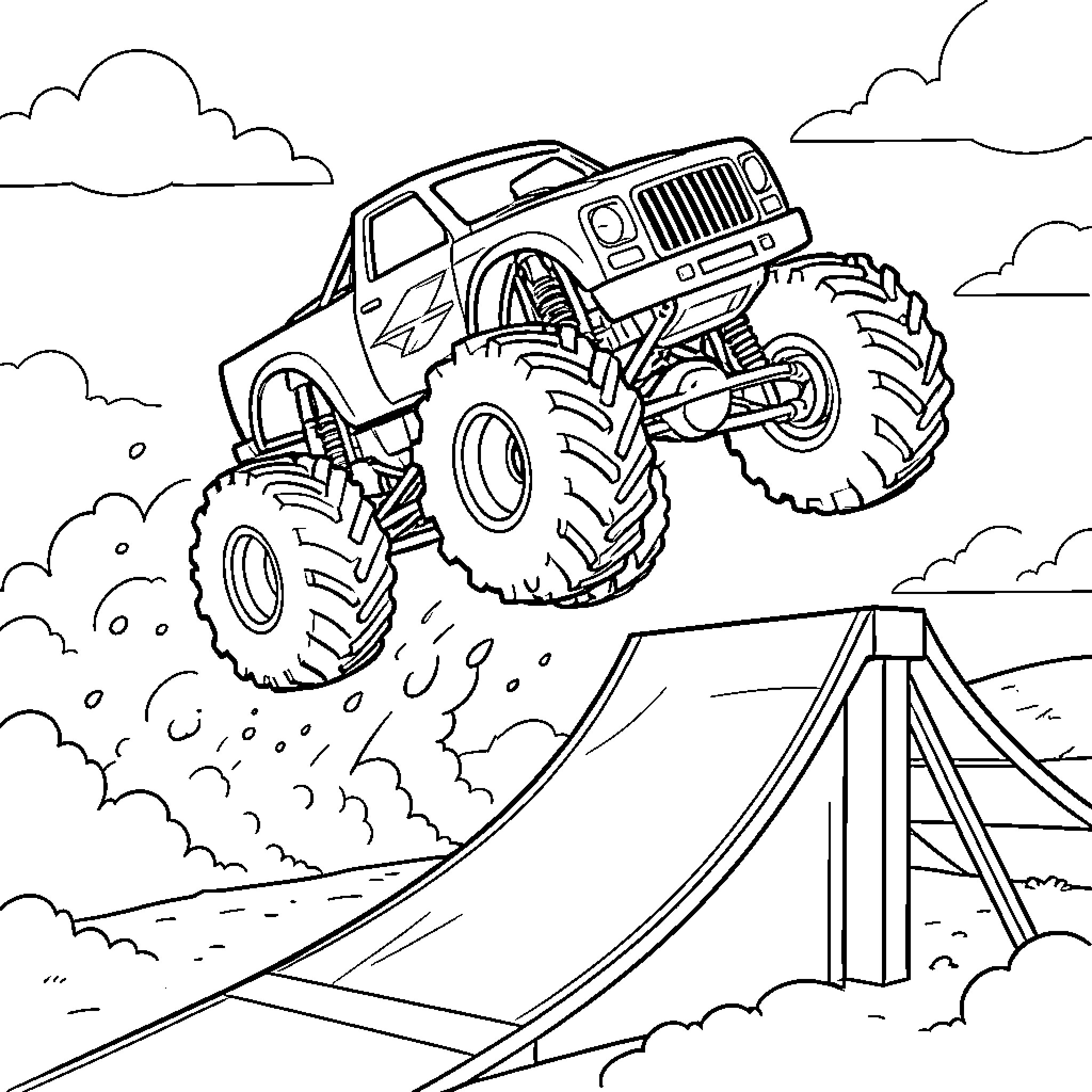Monster Truck jumping over a large ramp Coloring Page (free black-and-white line drawing printable PDF for all, from beginners to advanced learners, including children, teens, adults, and seniors)