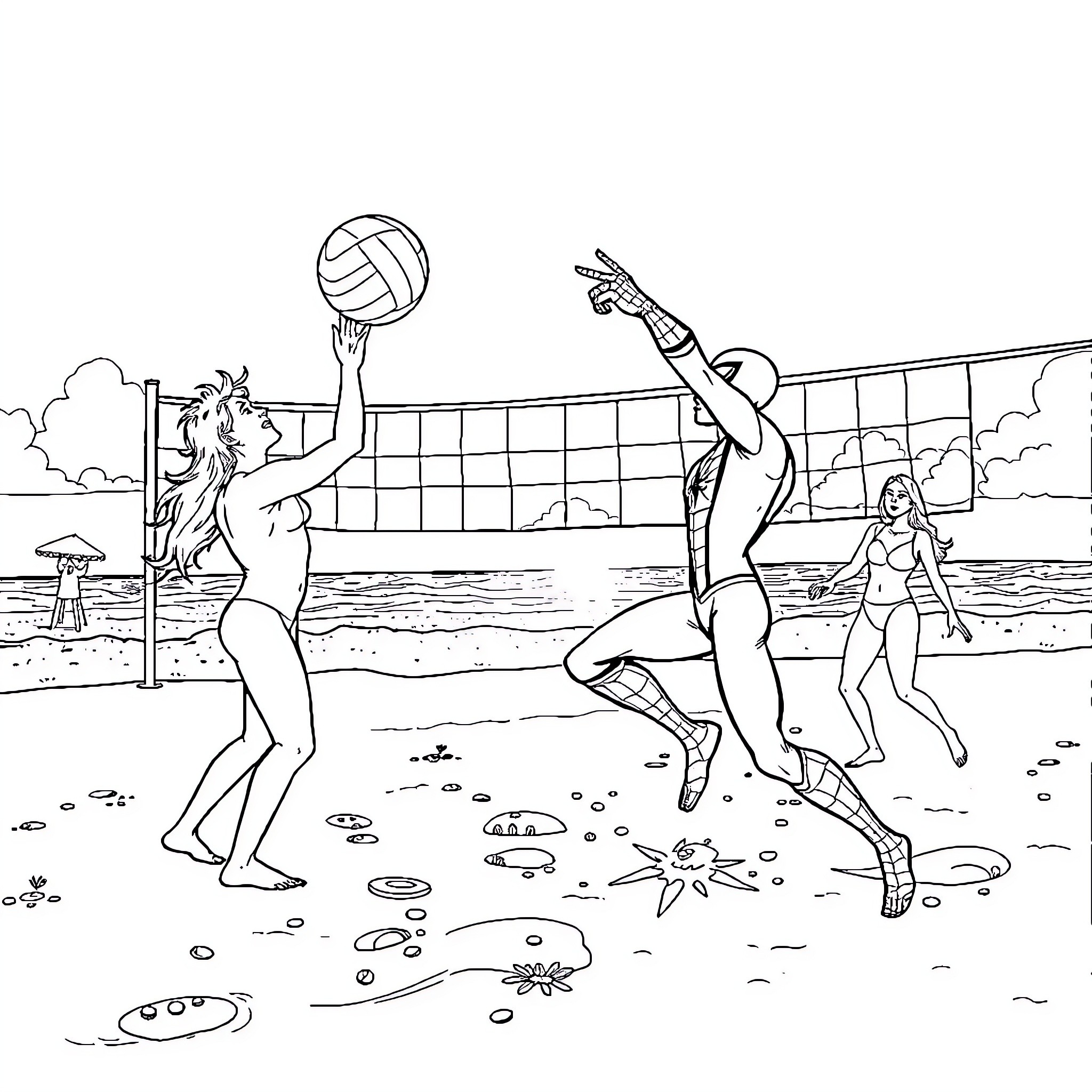 Spider-Man playing beach volleyball with friends Coloring Page (free black-and-white line drawing printable PDF for all, from beginners to advanced learners, including children, teens, adults, and seniors)