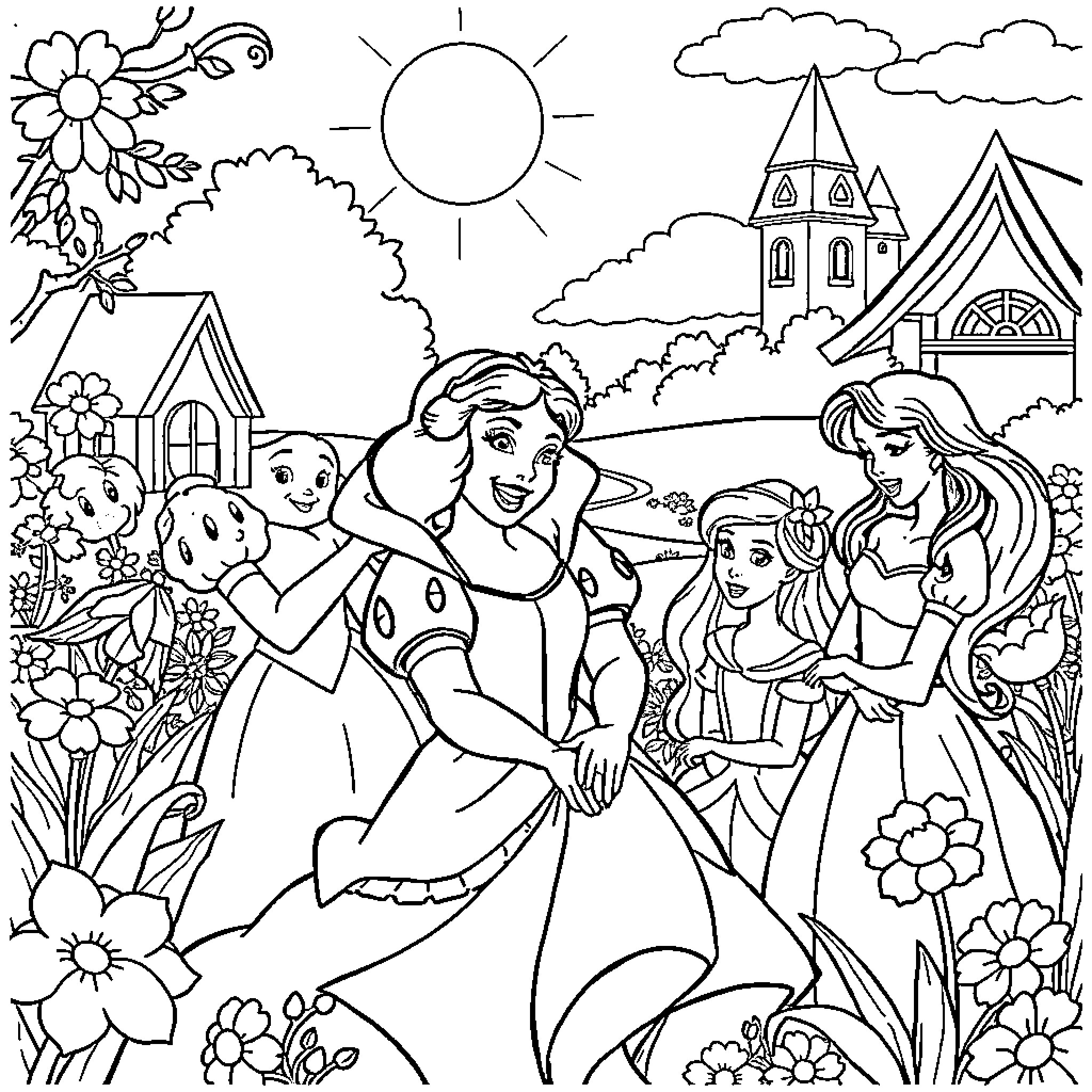 Snow White's Joyful Gathering in the Enchanted Garden Coloring Page (free black-and-white line drawing printable PDF for all, from beginners to advanced learners, including children, teens, adults, and seniors)