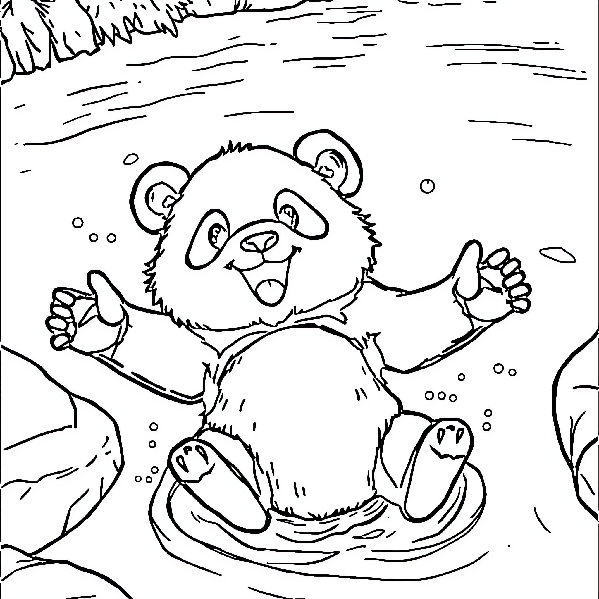 Panda playing happily in the snow Coloring Page (free black-and-white line drawing printable PDF for all, from beginners to advanced learners, including children, teens, adults, and seniors)