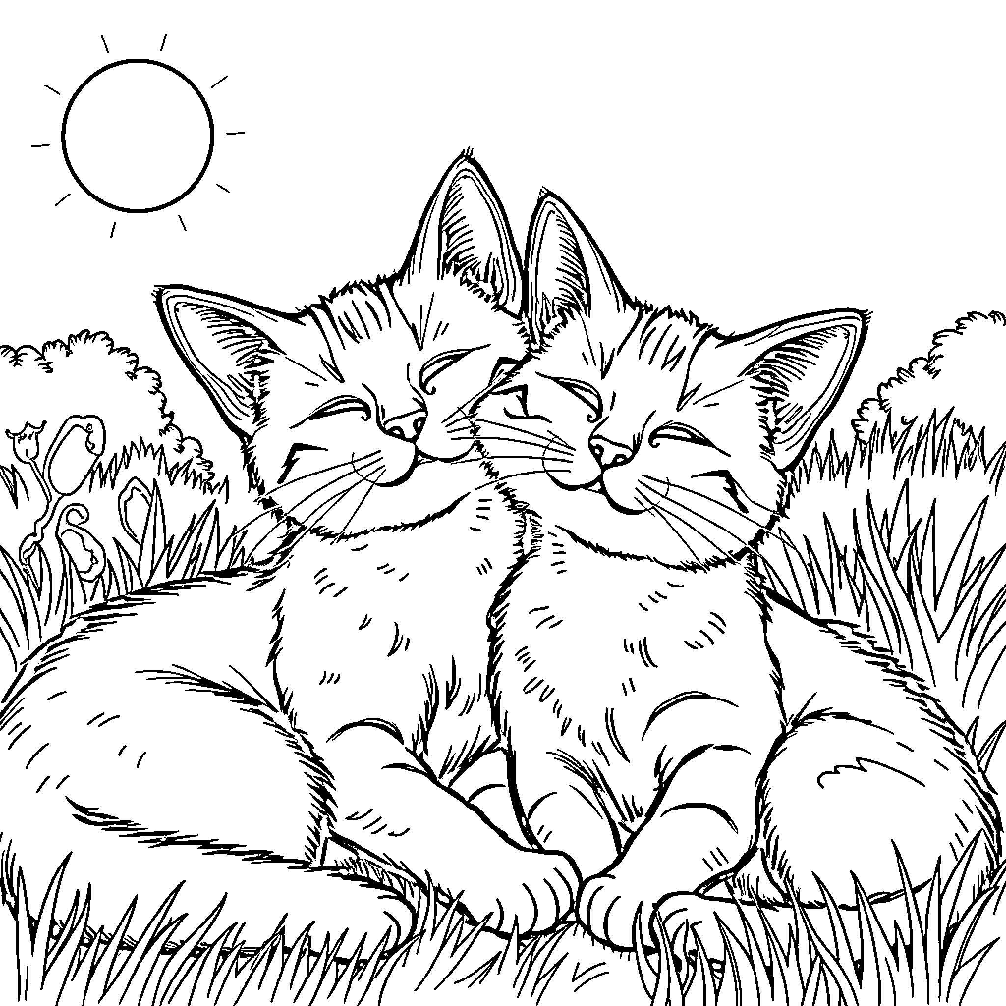 Cat companions napping in the grass Coloring Page (free black-and-white line drawing printable PDF for all, from beginners to advanced learners, including children, teens, adults, and seniors)