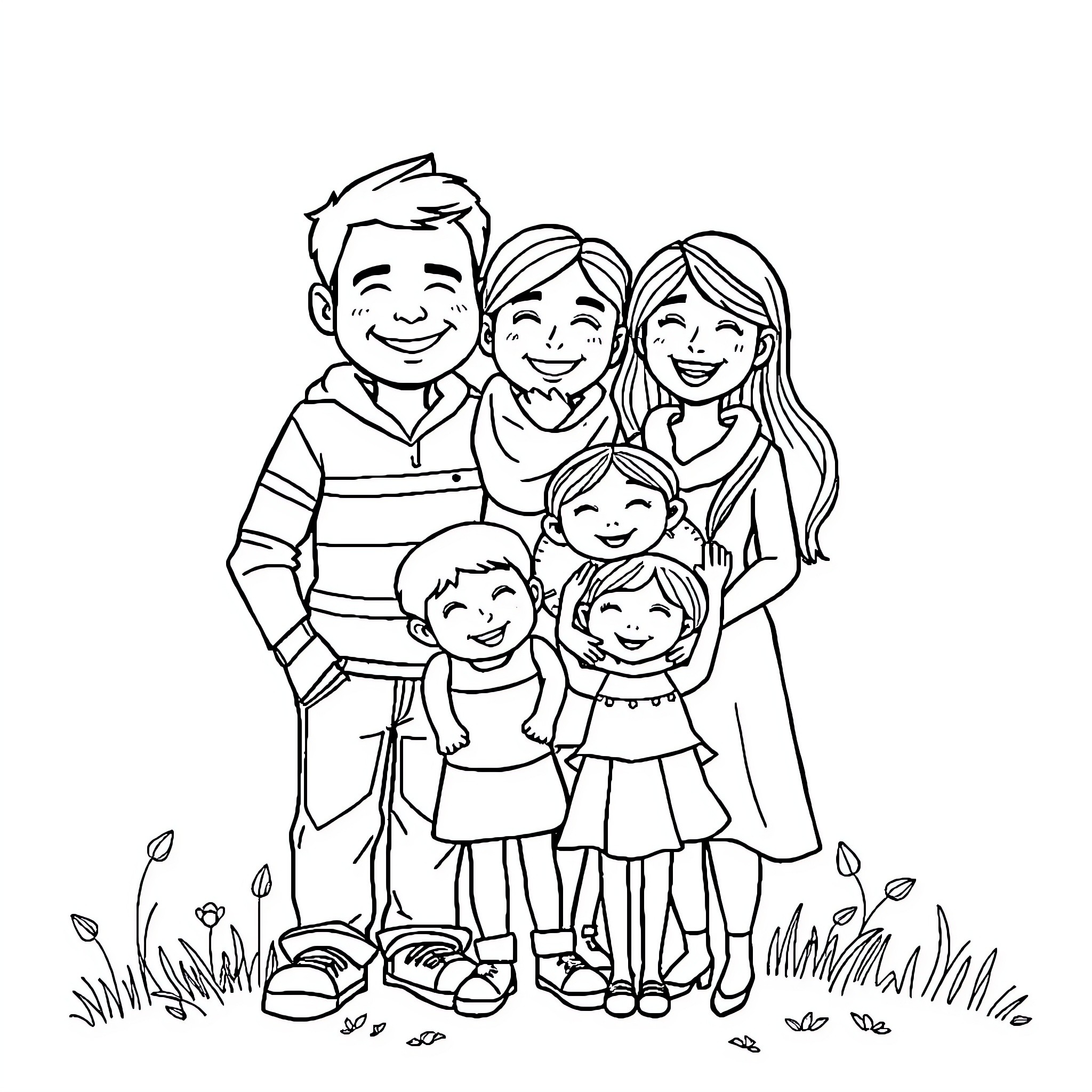 Family Enjoying Time Together in Nature Coloring Page (free black-and-white line drawing printable PDF for all, from beginners to advanced learners, including children, teens, adults, and seniors)