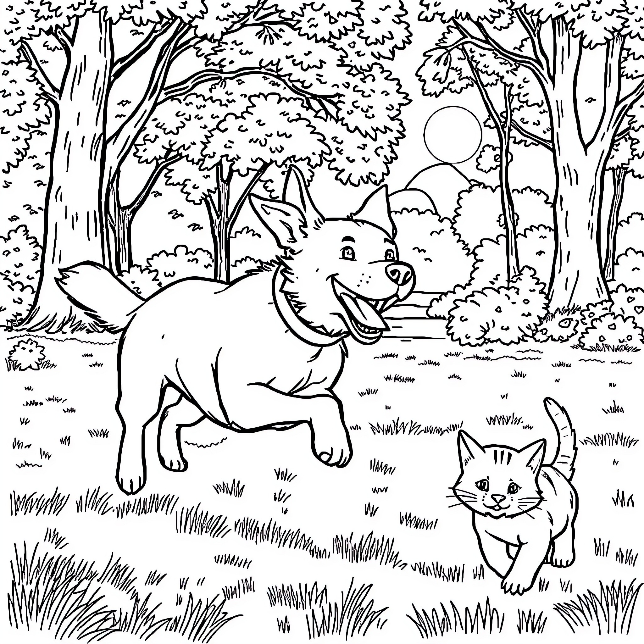 Dog and cat playing in the forest Coloring Page (free black-and-white line drawing printable PDF for all, from beginners to advanced learners, including children, teens, adults, and seniors)