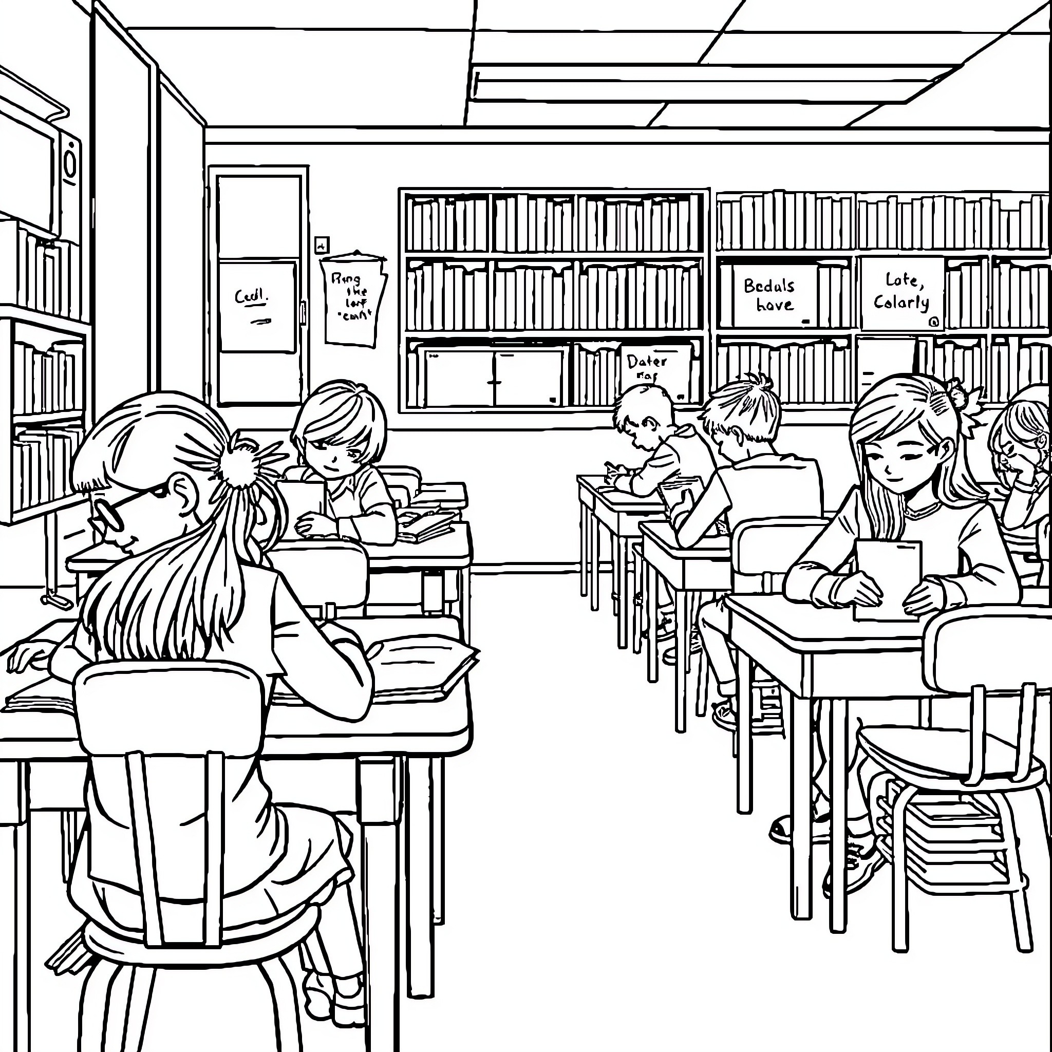 Students studying diligently in classroom Coloring Page (free black-and-white line drawing printable PDF for all, from beginners to advanced learners, including children, teens, adults, and seniors)