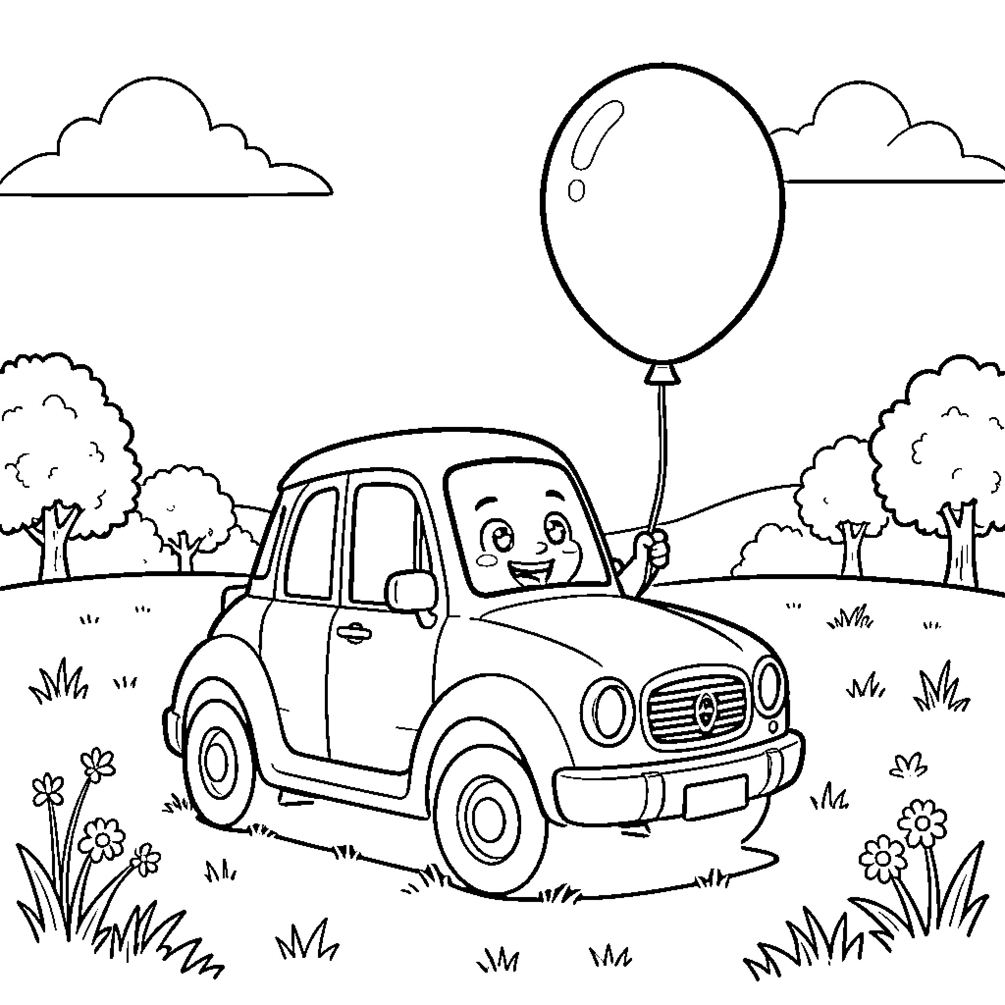 Robocar driving happily while holding a large balloon Coloring Page (free black-and-white line drawing printable PDF for all, from beginners to advanced learners, including children, teens, adults, and seniors)