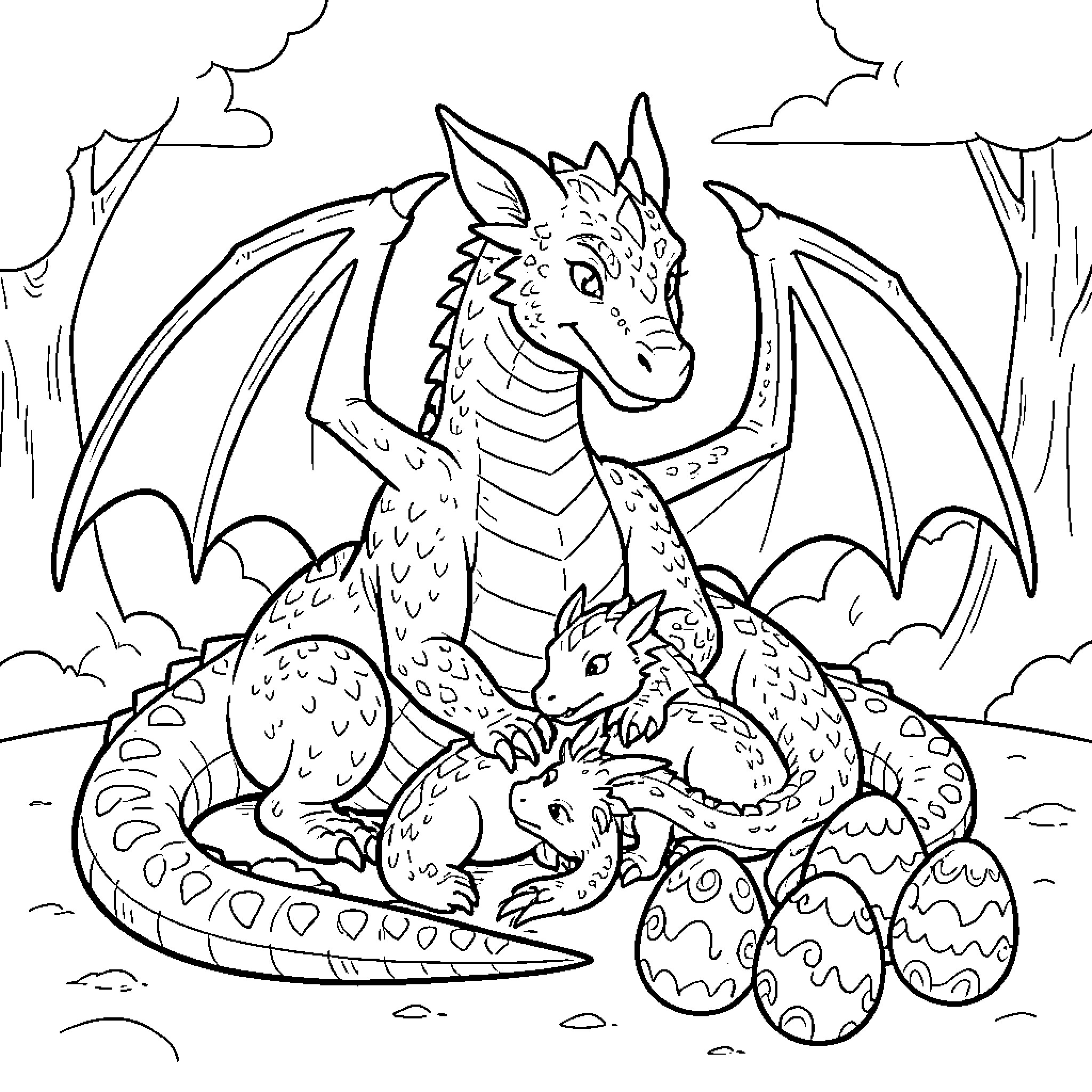 Dragon and its young nestlings in a fantasy landscape Coloring Page (free black-and-white line drawing printable PDF for all, from beginners to advanced learners, including children, teens, adults, and seniors)