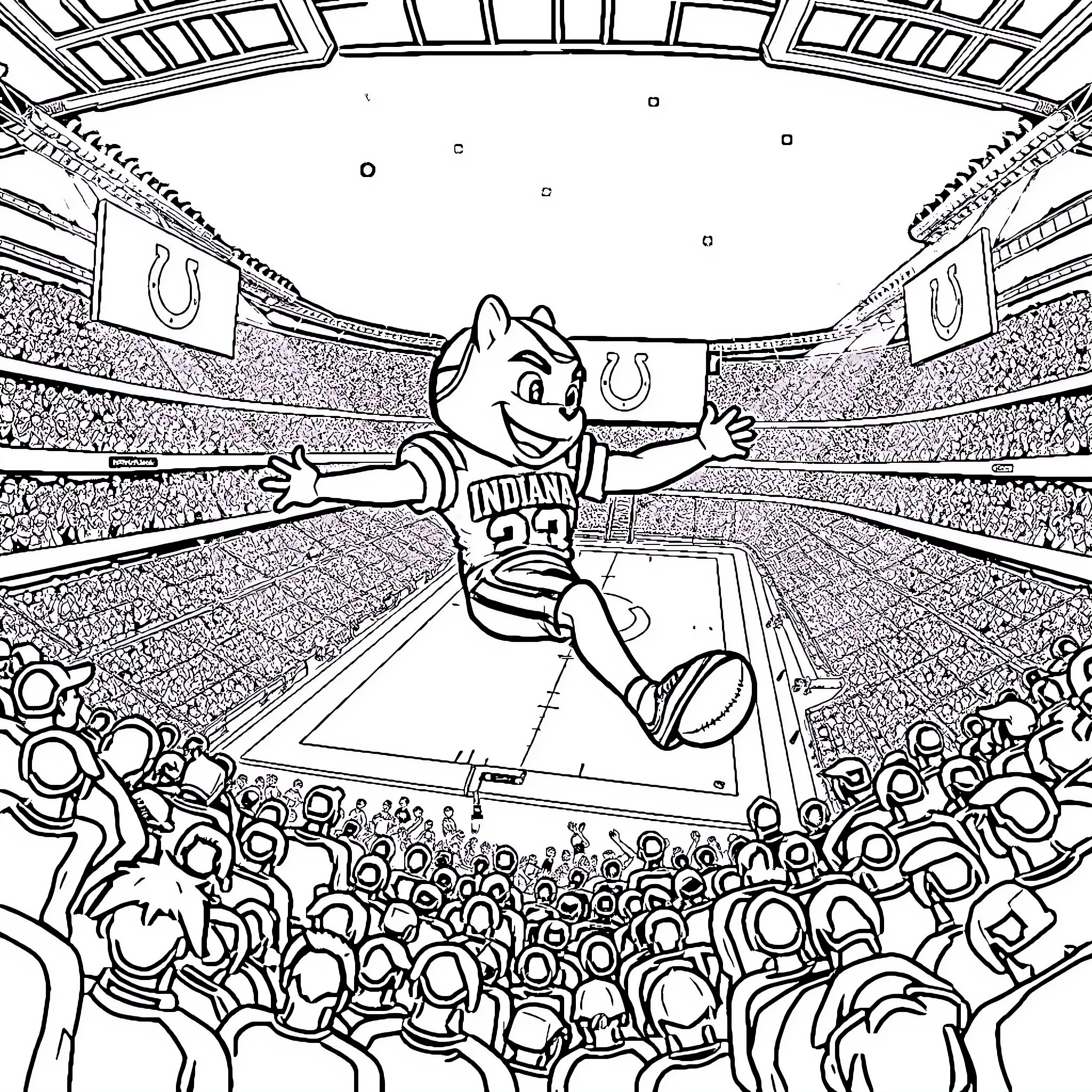 Mascot cheering in crowded sports arena Coloring Page (free black-and-white line drawing printable PDF for all, from beginners to advanced learners, including children, teens, adults, and seniors)