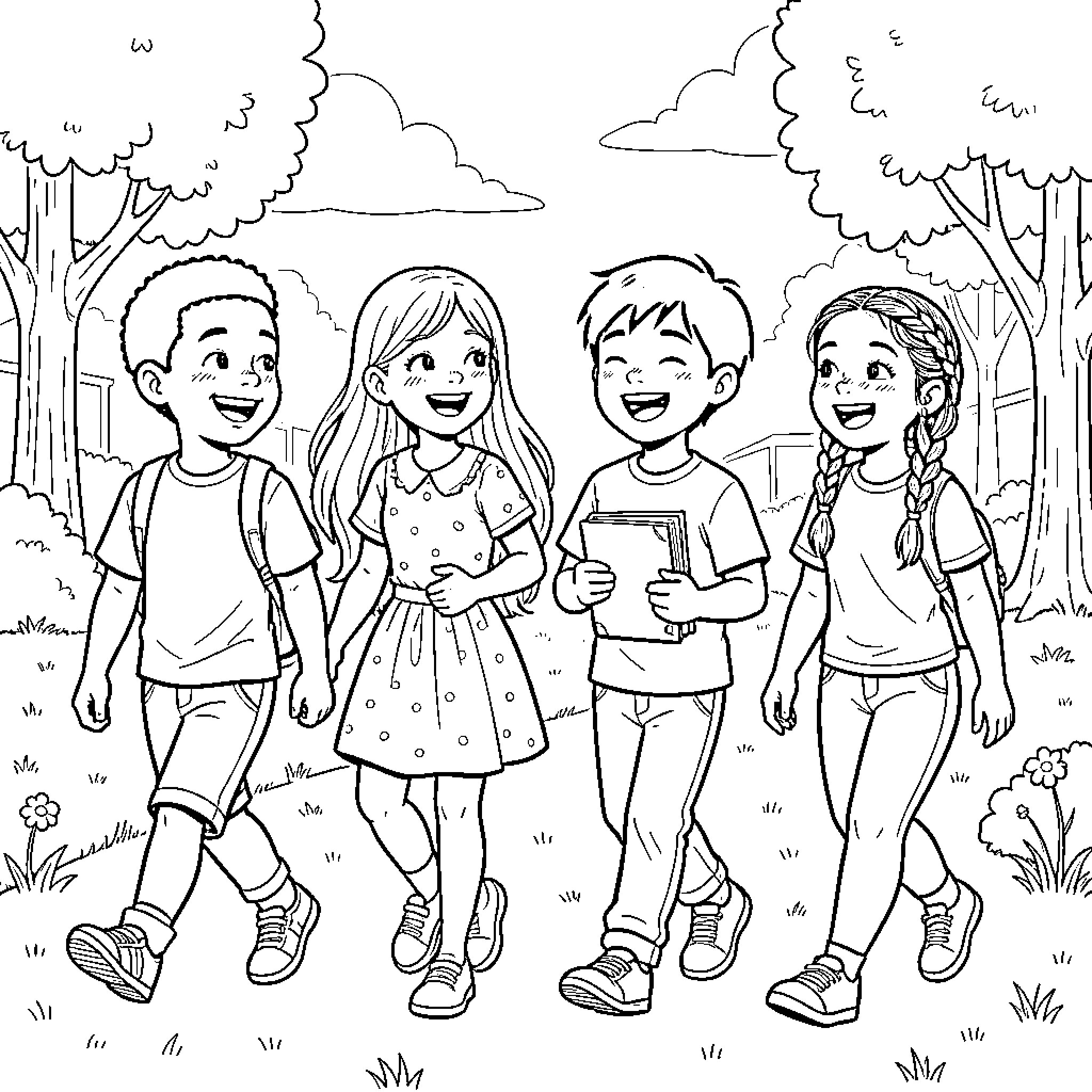 Child Friends Enjoying Outdoor Adventure Coloring Page (free black-and-white line drawing printable PDF for all, from beginners to advanced learners, including children, teens, adults, and seniors)