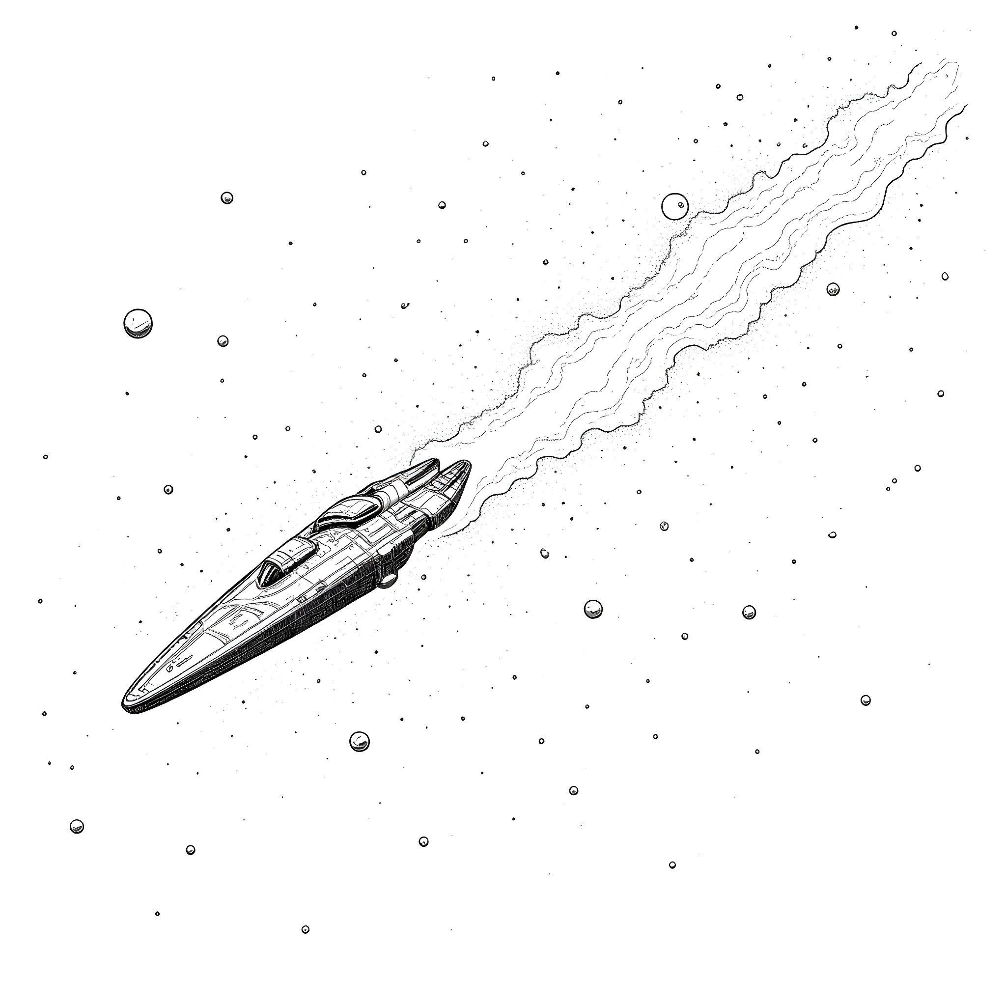 Nebula Spacecraft Soaring Through Cosmic Expanse Coloring Page (free black-and-white line drawing printable PDF for all, from beginners to advanced learners, including children, teens, adults, and seniors)