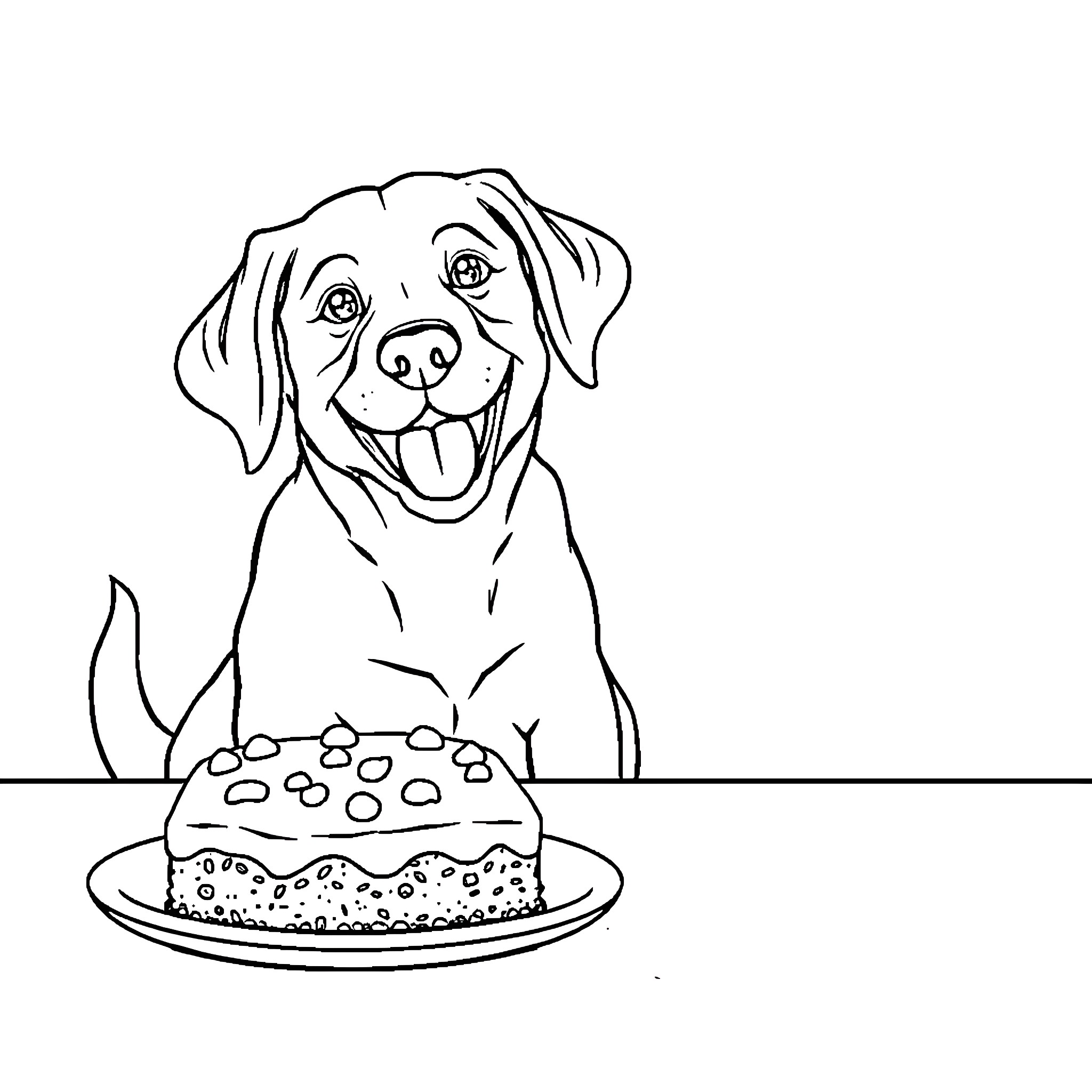 Brownie the Friendly Dog Enjoys Cake Coloring Page (free black-and-white line drawing printable PDF for all, from beginners to advanced learners, including children, teens, adults, and seniors)