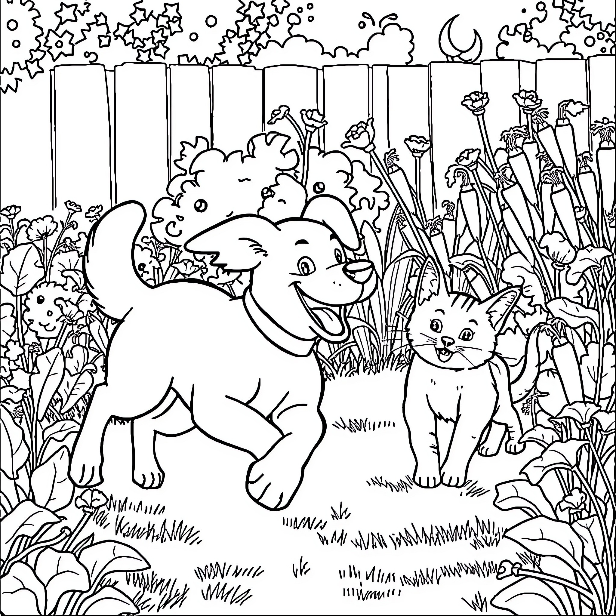Dog and Cat Playing in Magical Forest Coloring Page (free black-and-white line drawing printable PDF for all, from beginners to advanced learners, including children, teens, adults, and seniors)
