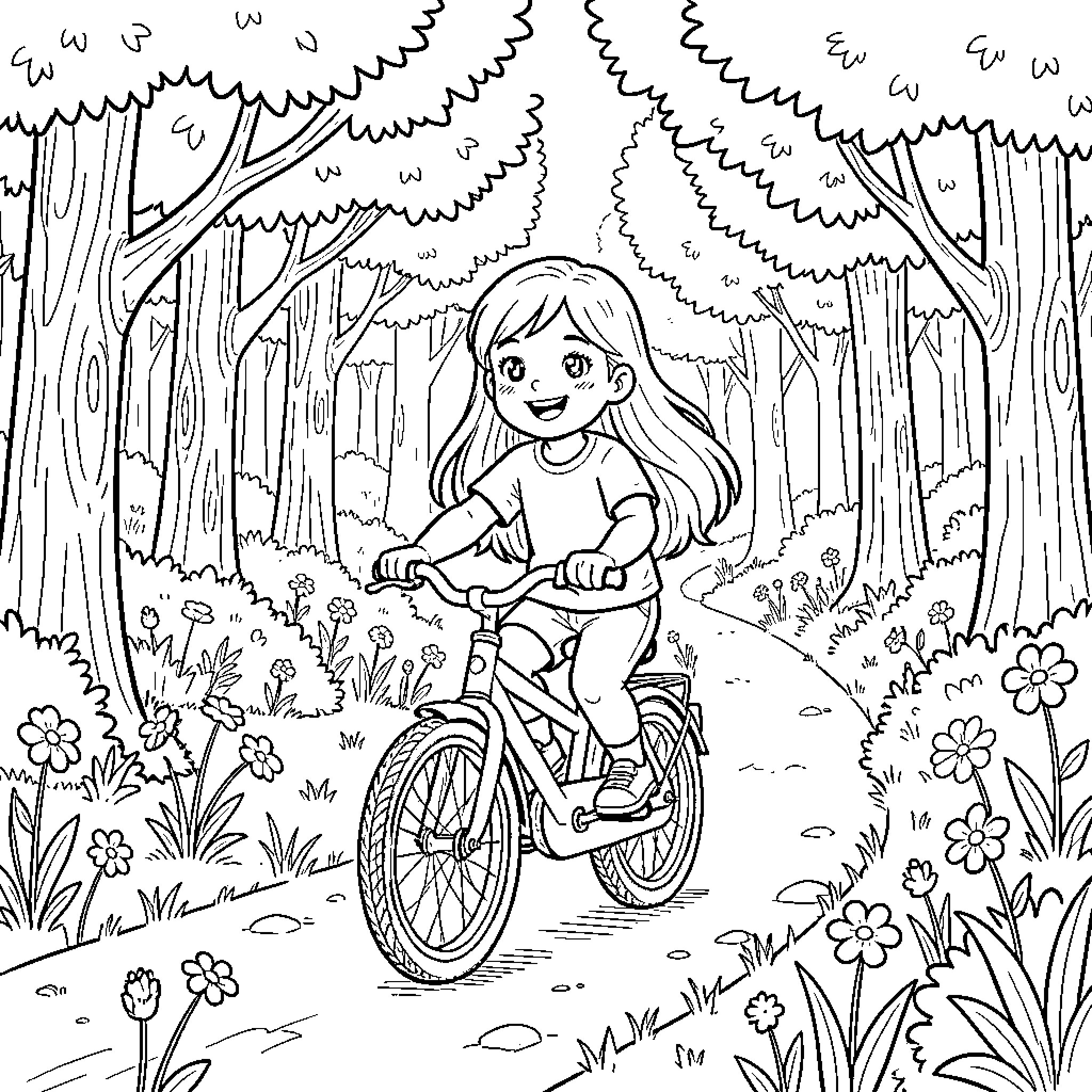 Girl riding bicycle in forest with flowers Coloring Page (free black-and-white line drawing printable PDF for all, from beginners to advanced learners, including children, teens, adults, and seniors)