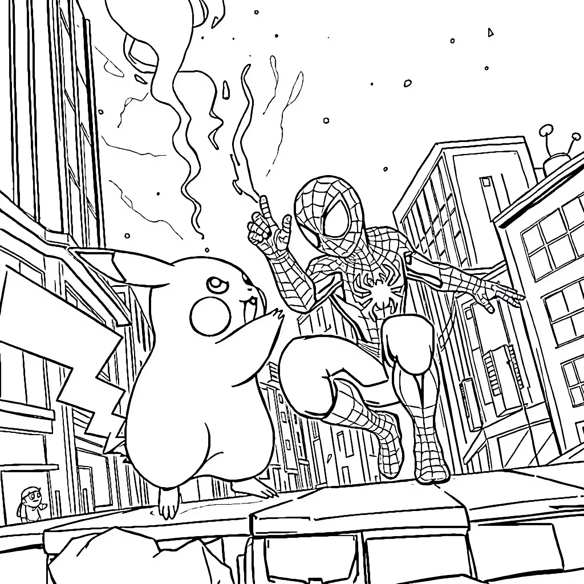 Spiderman battles a giant monster in the city Coloring Page (free black-and-white line drawing printable PDF for all, from beginners to advanced learners, including children, teens, adults, and seniors)