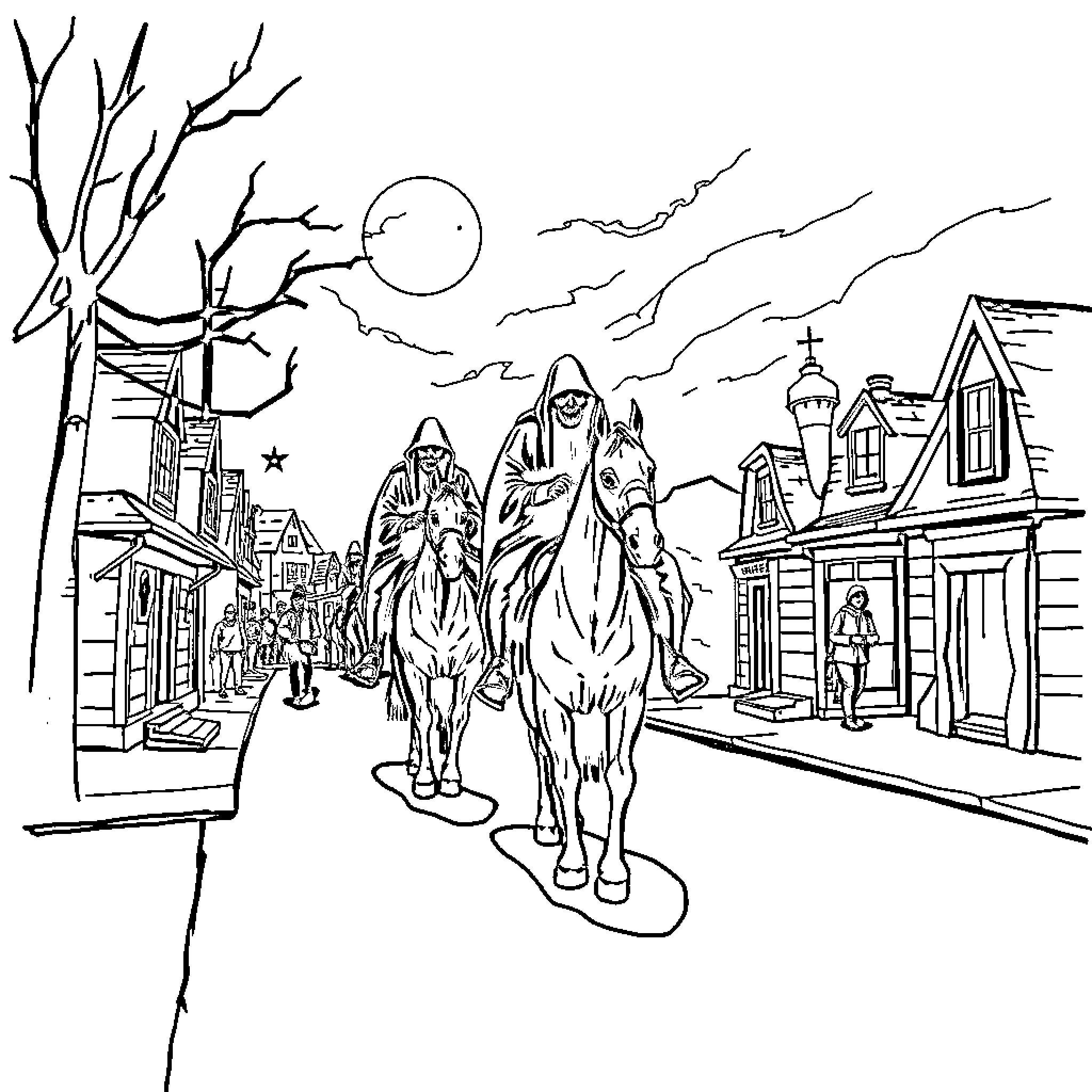 Bokkenriders riding through a haunted town at night Coloring Page (free black-and-white line drawing printable PDF for all, from beginners to advanced learners, including children, teens, adults, and seniors)