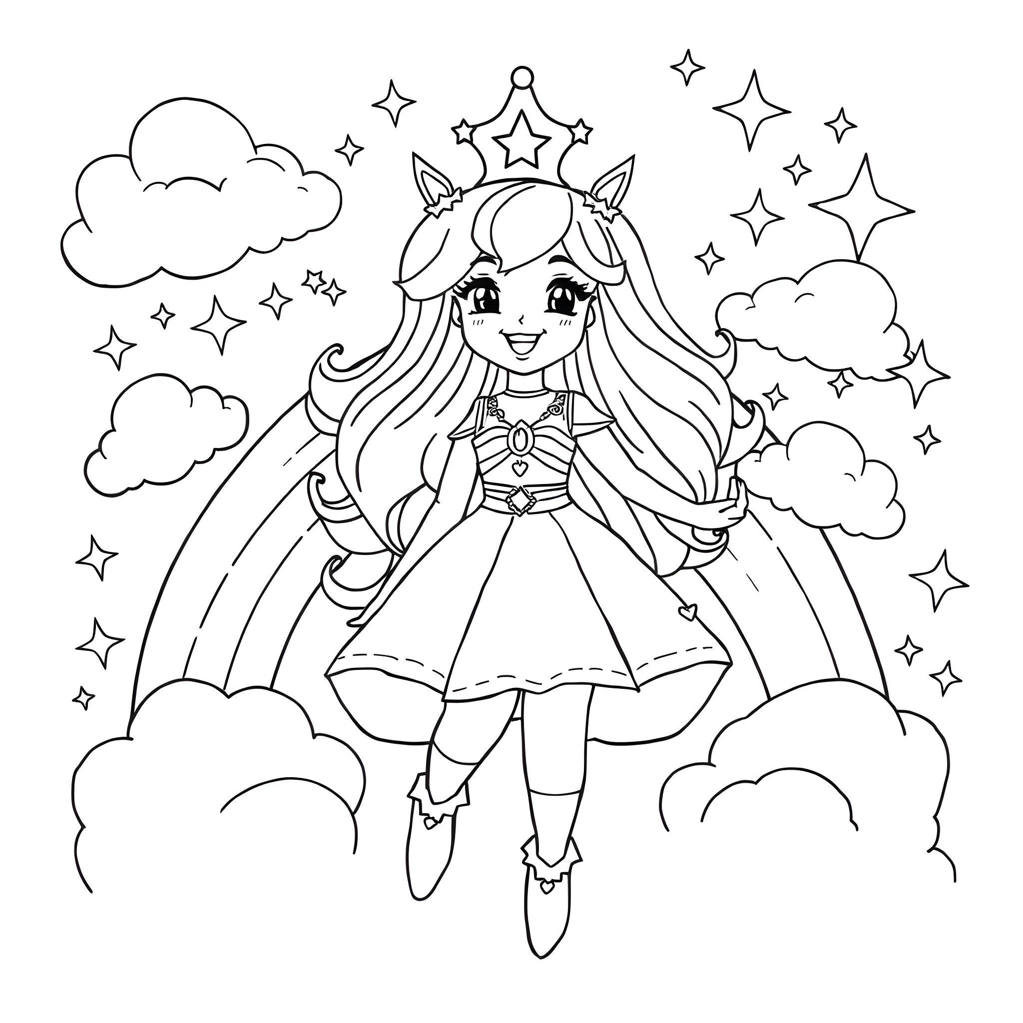 Rainbow Brite in a Magical Star-Filled Sky Coloring Page (free black-and-white line drawing printable PDF for all, from beginners to advanced learners, including children, teens, adults, and seniors)