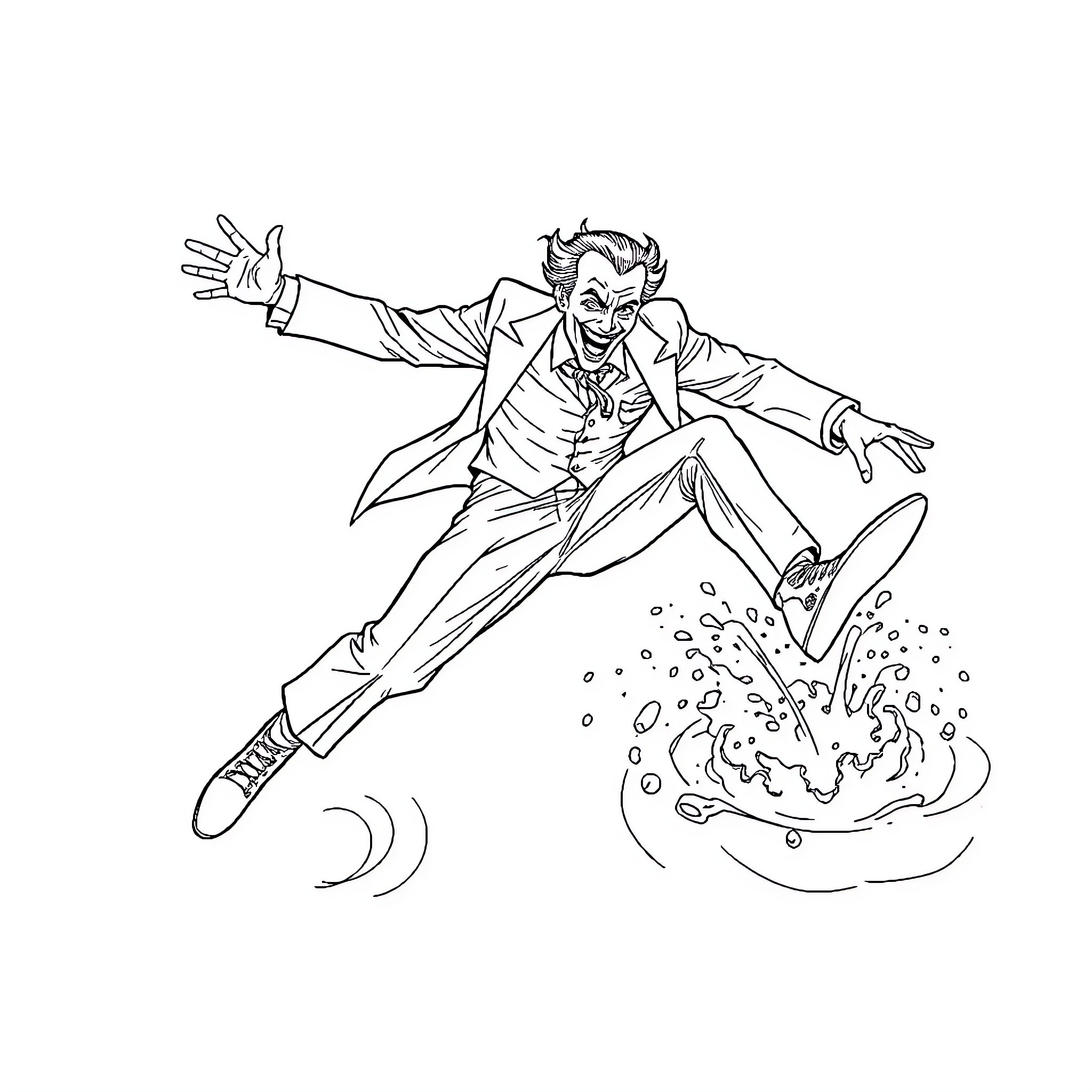 Joker Unleashing Mischief and Mayhem Coloring Page (free black-and-white line drawing printable PDF for all, from beginners to advanced learners, including children, teens, adults, and seniors)
