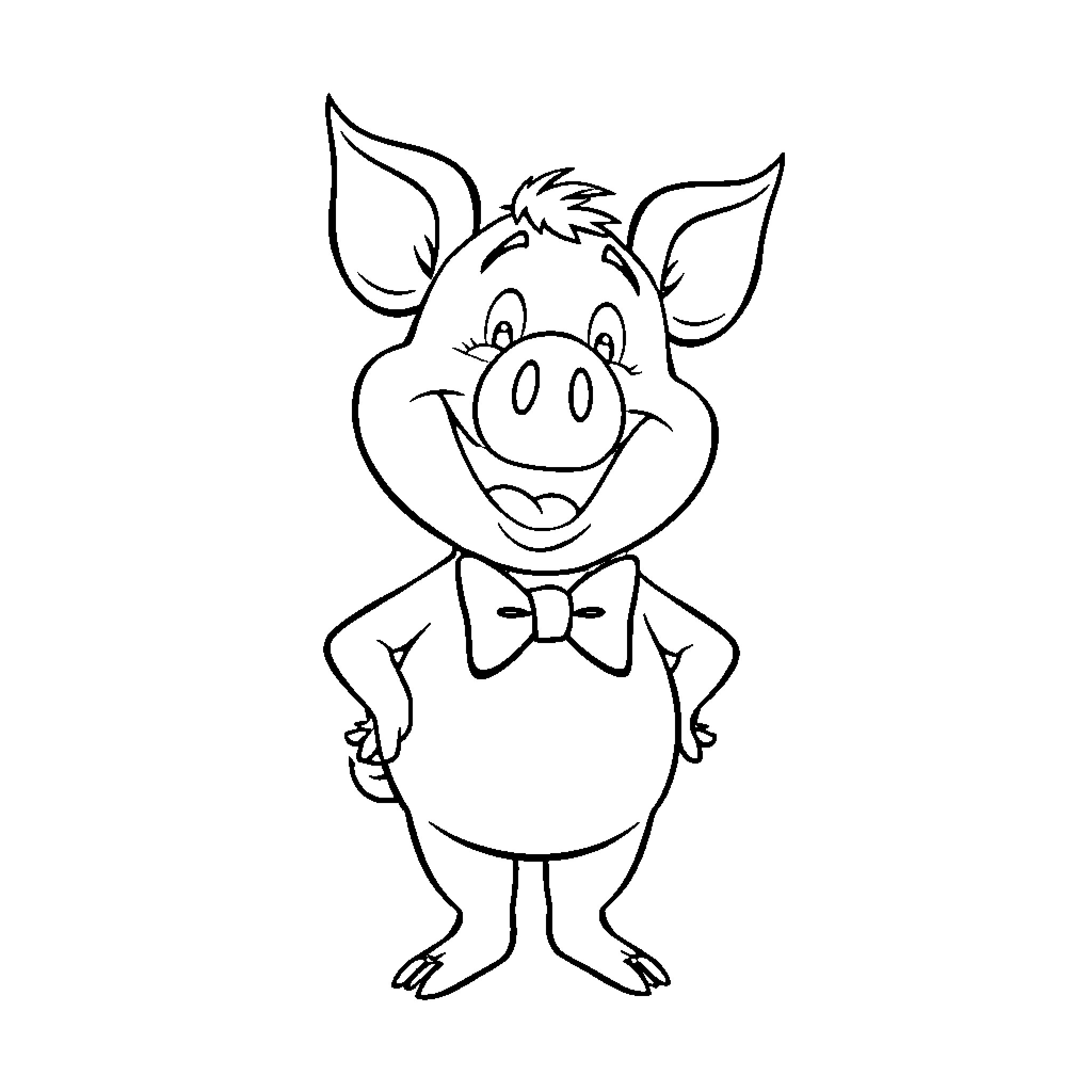 Porky Pig dressed in a bowtie and smiling cheerfully Coloring Page (free black-and-white line drawing printable PDF for all, from beginners to advanced learners, including children, teens, adults, and seniors)