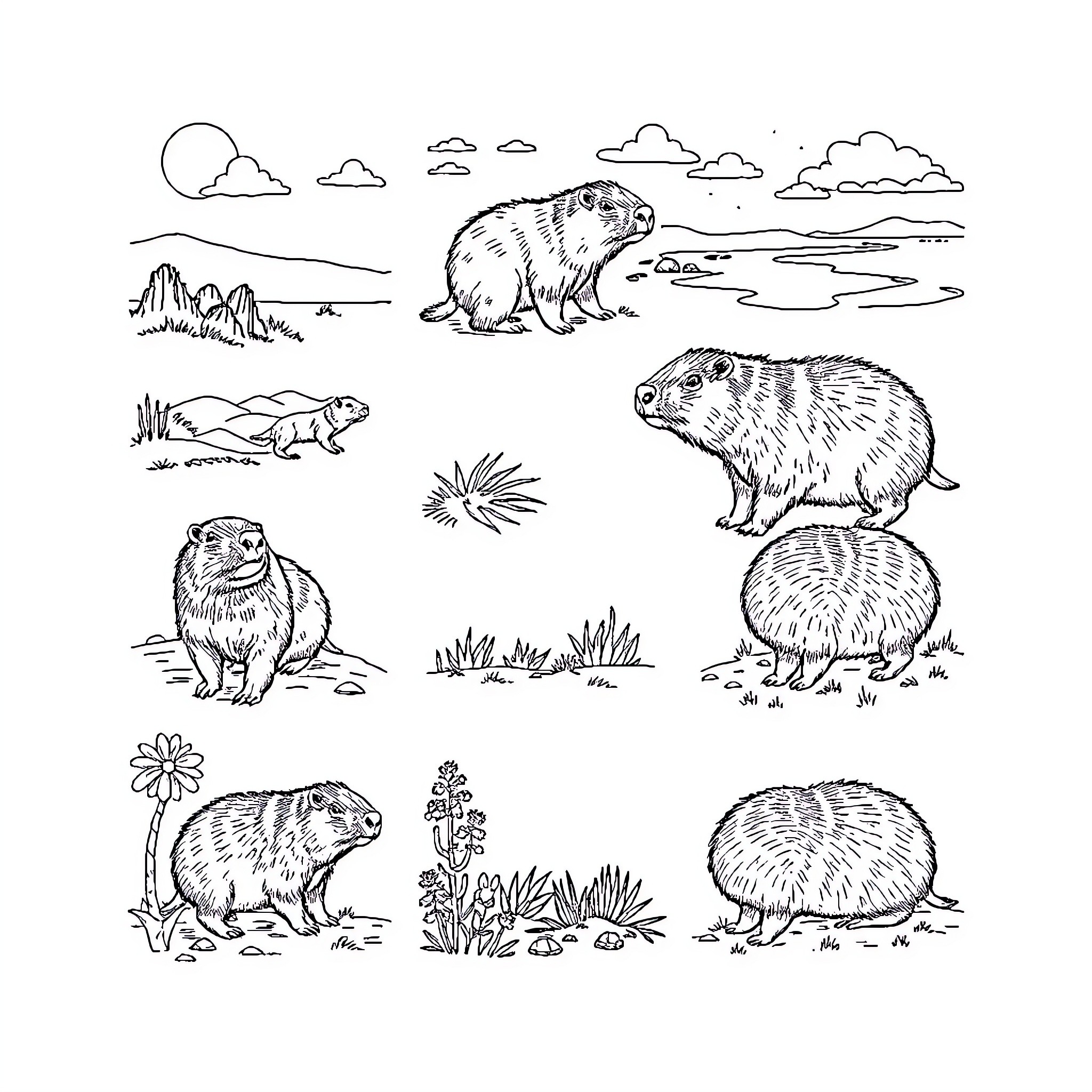 Capybara enjoying scenic outdoor settings Coloring Page (free black-and-white line drawing printable PDF for all, from beginners to advanced learners, including children, teens, adults, and seniors)