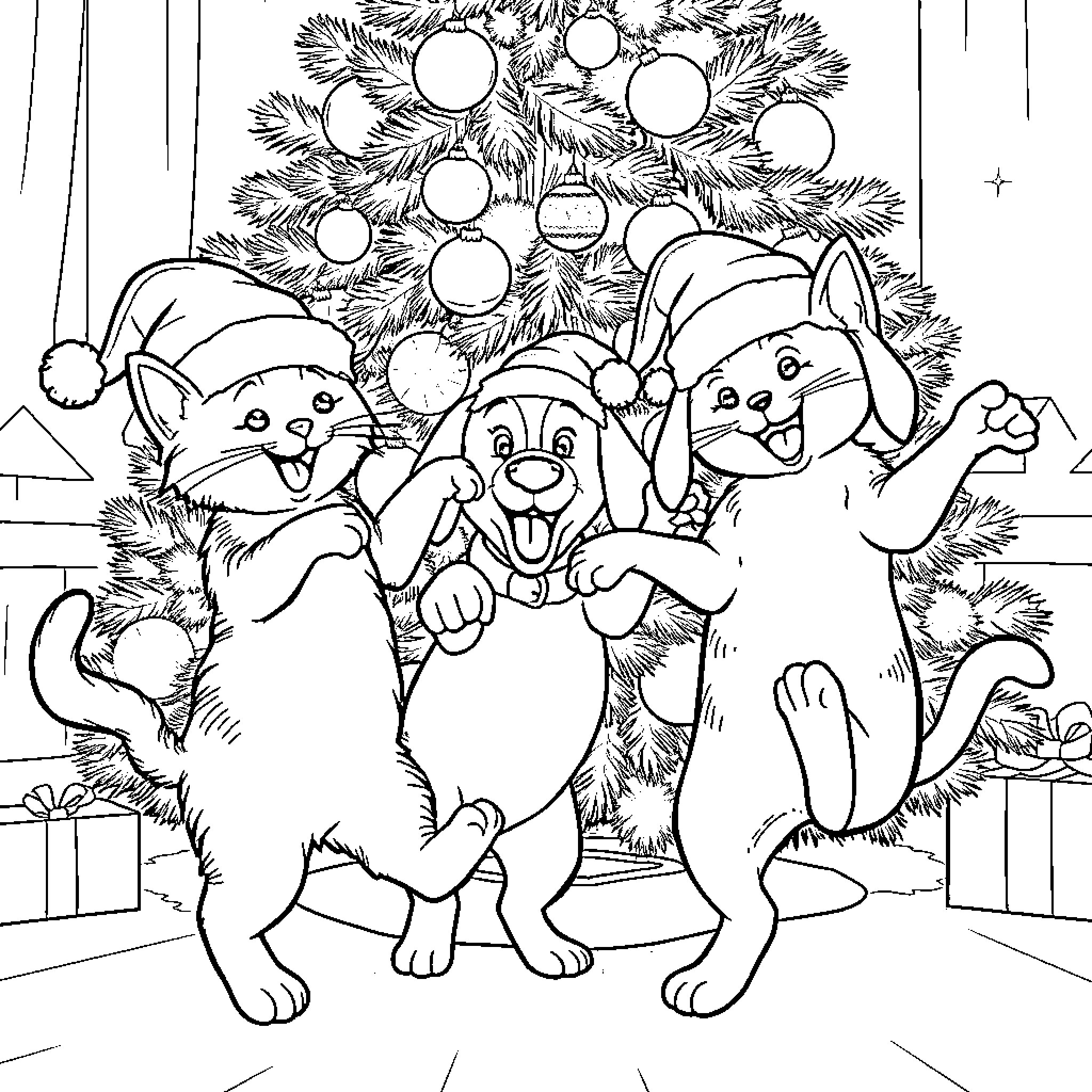 Cats celebrating Christmas together near the tree Coloring Page (free black-and-white line drawing printable PDF for all, from beginners to advanced learners, including children, teens, adults, and seniors)