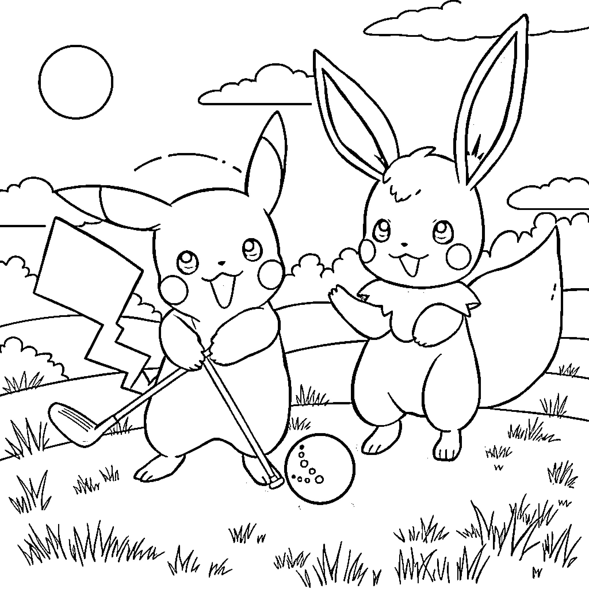 Pikachu and Bunny Friends Playing Outdoors Coloring Page (free black-and-white line drawing printable PDF for all, from beginners to advanced learners, including children, teens, adults, and seniors)