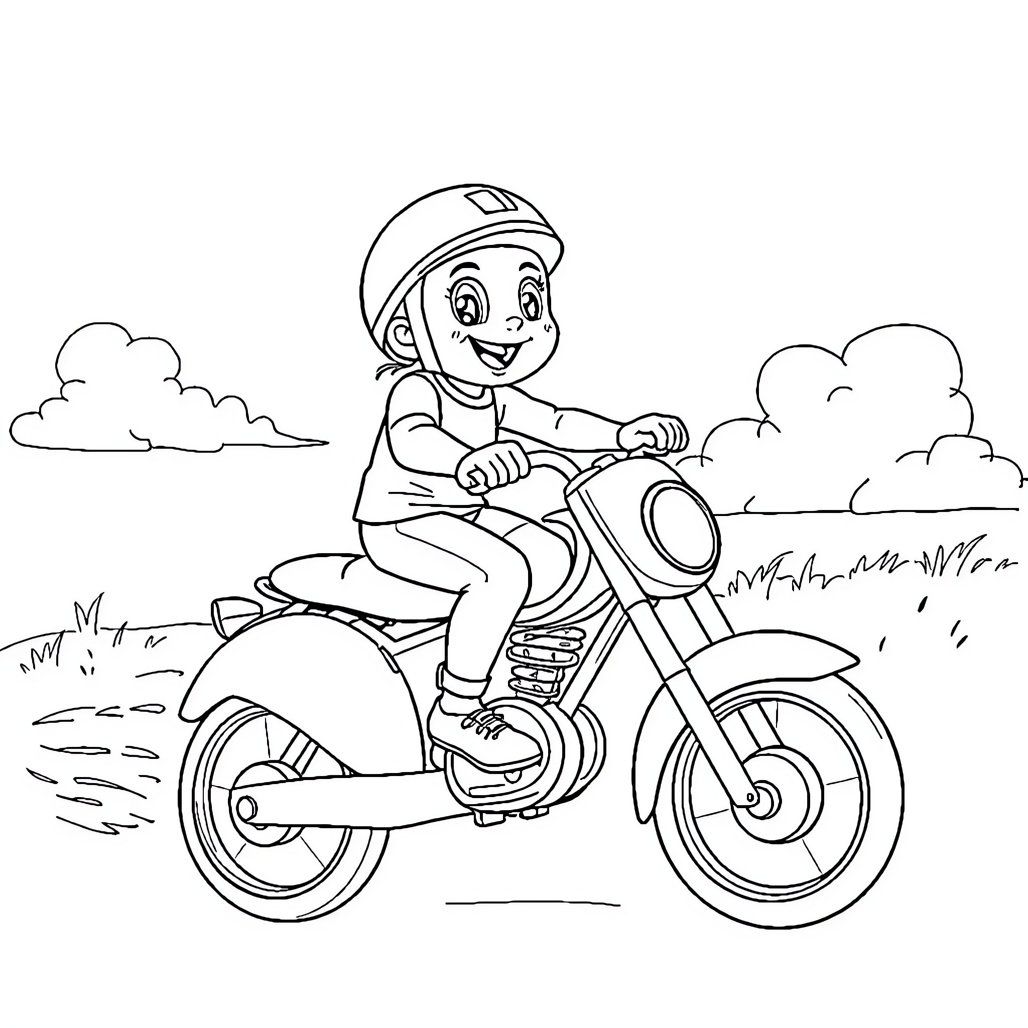 Bluey's Motorcycle Adventure Coloring Page (free black-and-white line drawing printable PDF for all, from beginners to advanced learners, including children, teens, adults, and seniors)
