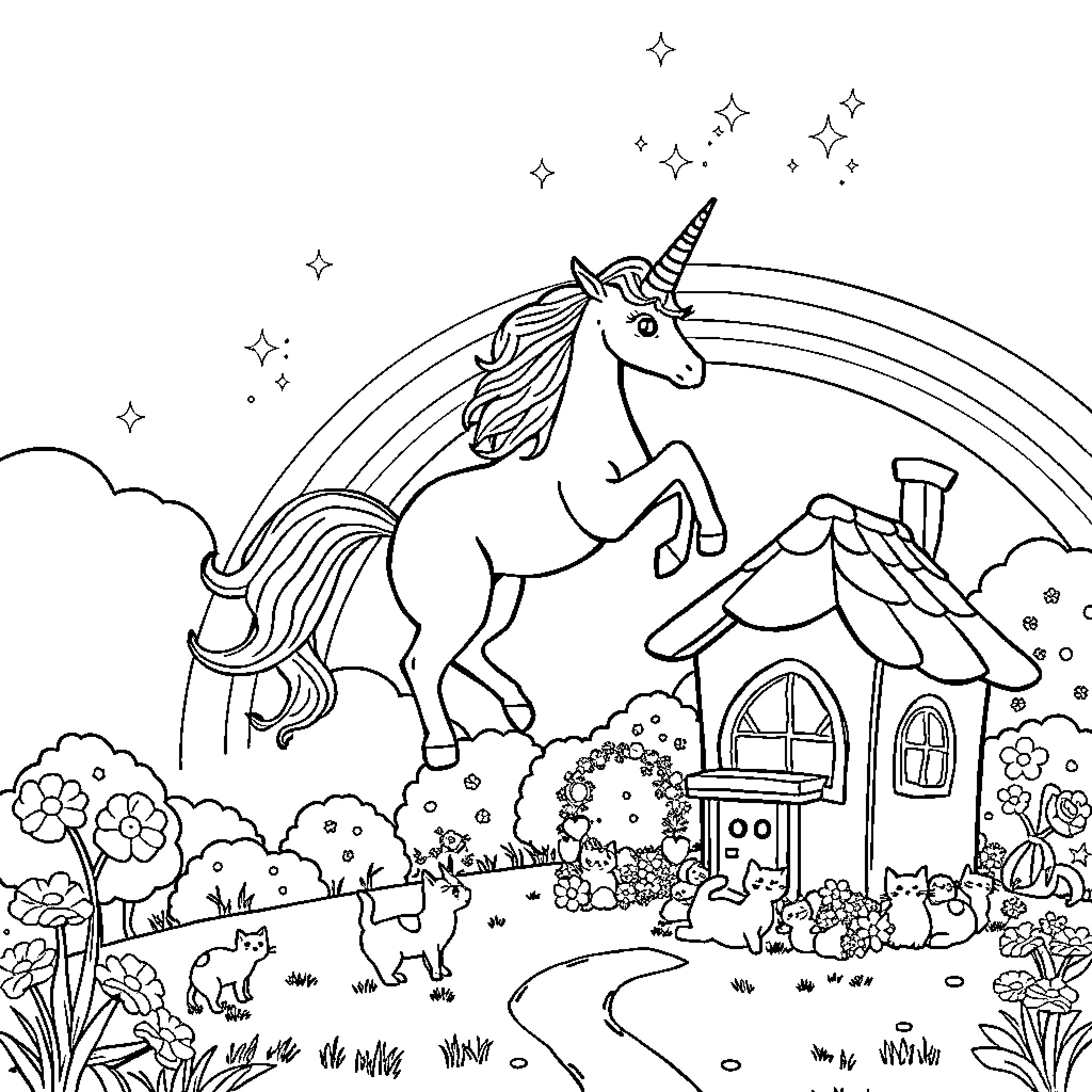 Unicorn frolicking in enchanted forest near magical cottage Coloring Page (free black-and-white line drawing printable PDF for all, from beginners to advanced learners, including children, teens, adults, and seniors)