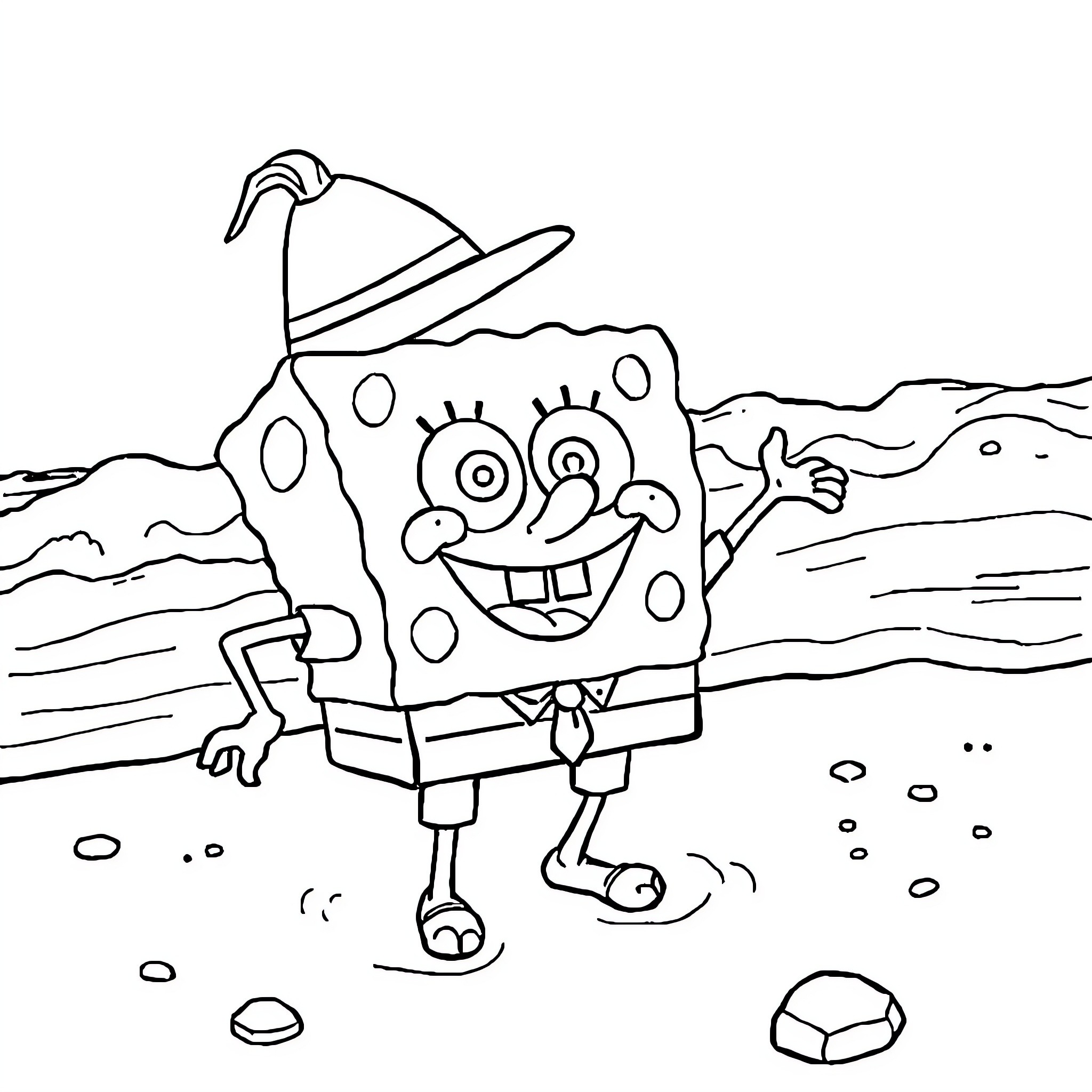 Spongebob's Silly Beach Adventure Coloring Page (free black-and-white line drawing printable PDF for all, from beginners to advanced learners, including children, teens, adults, and seniors)