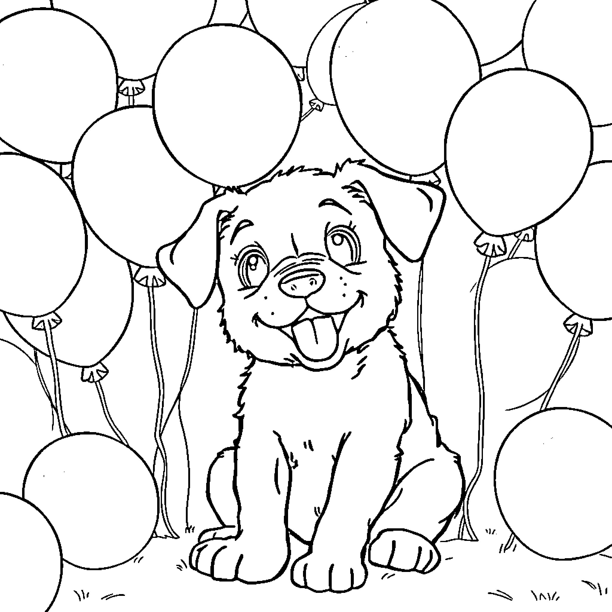 Puppy surrounded by balloons playing happily Coloring Page (free black-and-white line drawing printable PDF for all, from beginners to advanced learners, including children, teens, adults, and seniors)