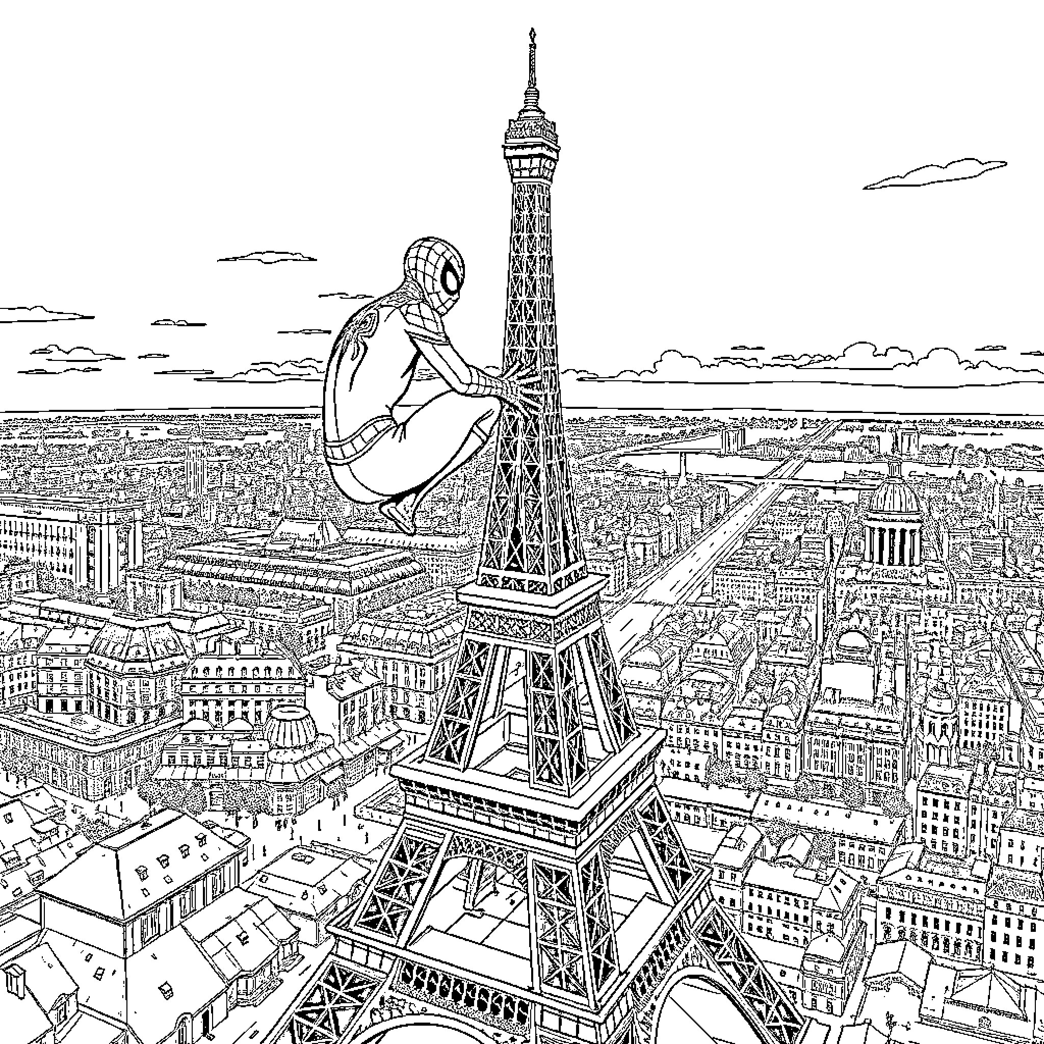Spiderman overlooking the Eiffel Tower in Paris Coloring Page (free black-and-white line drawing printable PDF for all, from beginners to advanced learners, including children, teens, adults, and seniors)