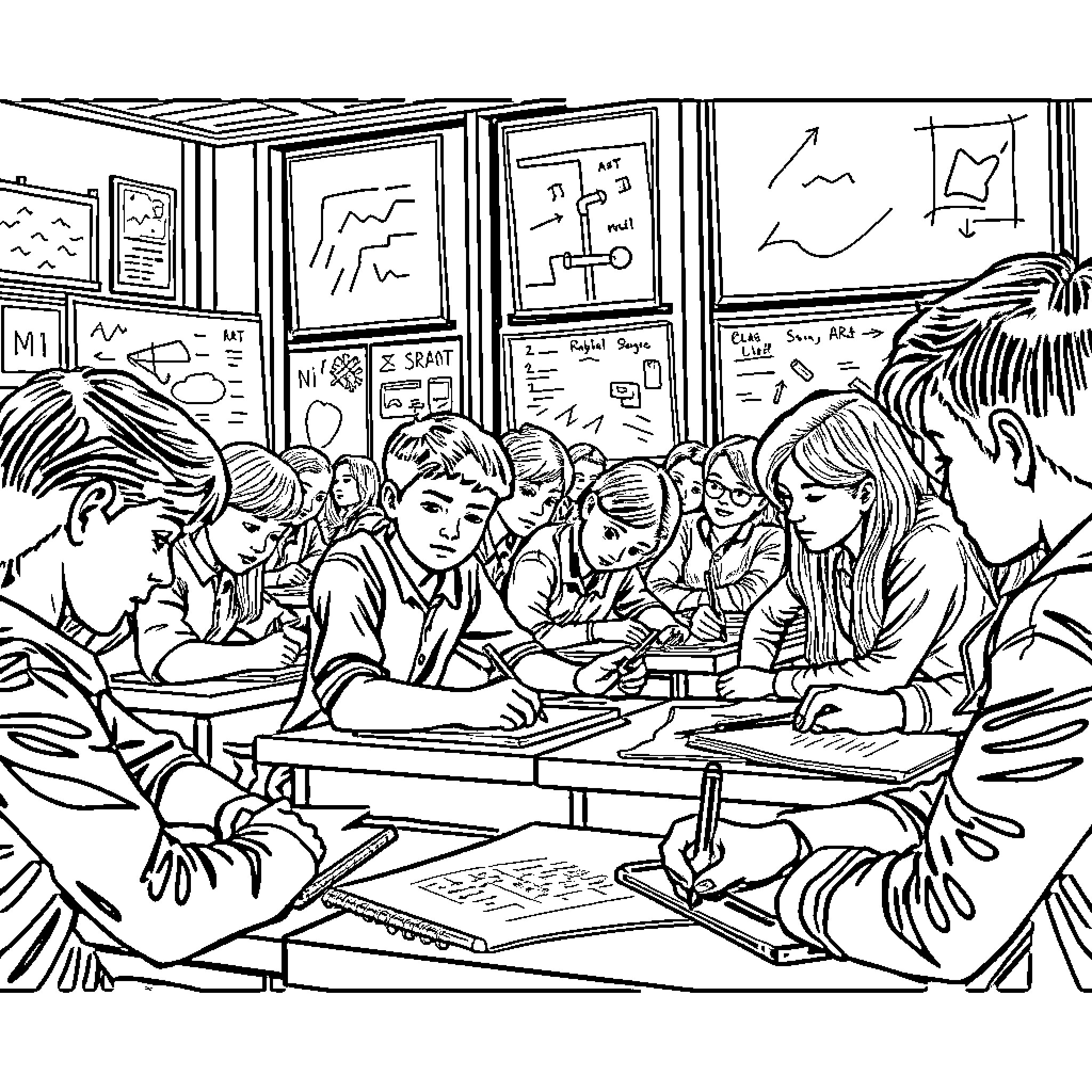 Class of Students Studying and Collaborating Coloring Page (free black-and-white line drawing printable PDF for all, from beginners to advanced learners, including children, teens, adults, and seniors)