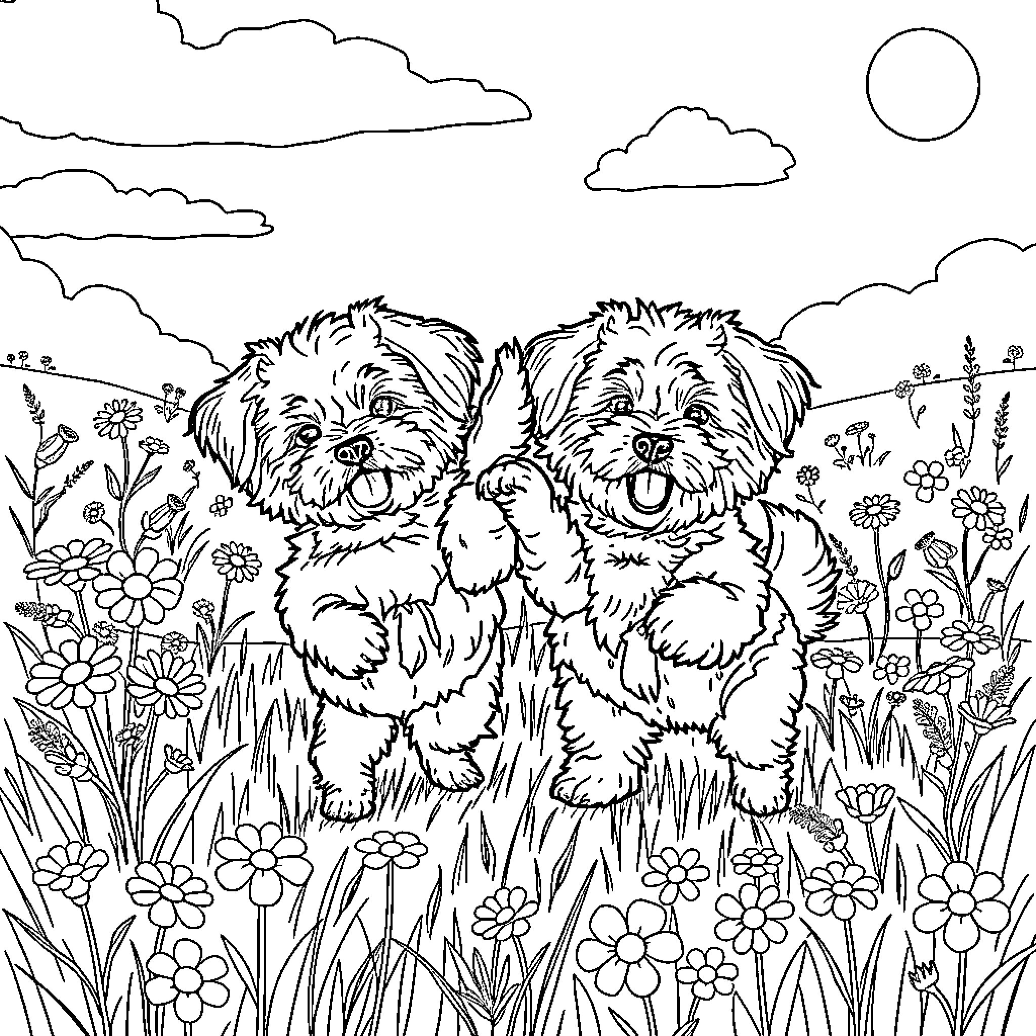 Bichon Frise Puppies Playing in Flowery Meadow Coloring Page (free black-and-white line drawing printable PDF for all, from beginners to advanced learners, including children, teens, adults, and seniors)