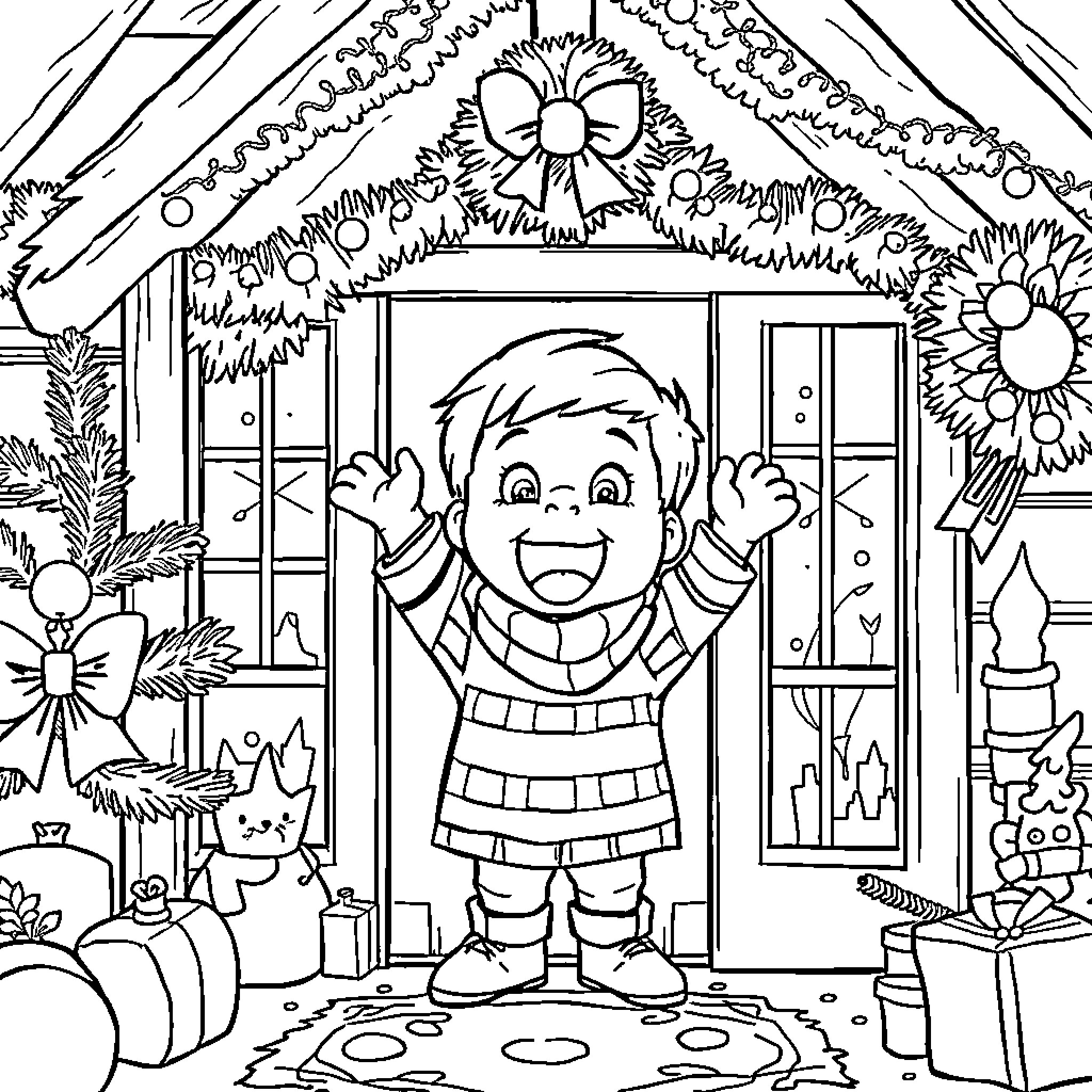 Child celebrating happily in a decorated home Coloring Page (free black-and-white line drawing printable PDF for all, from beginners to advanced learners, including children, teens, adults, and seniors)