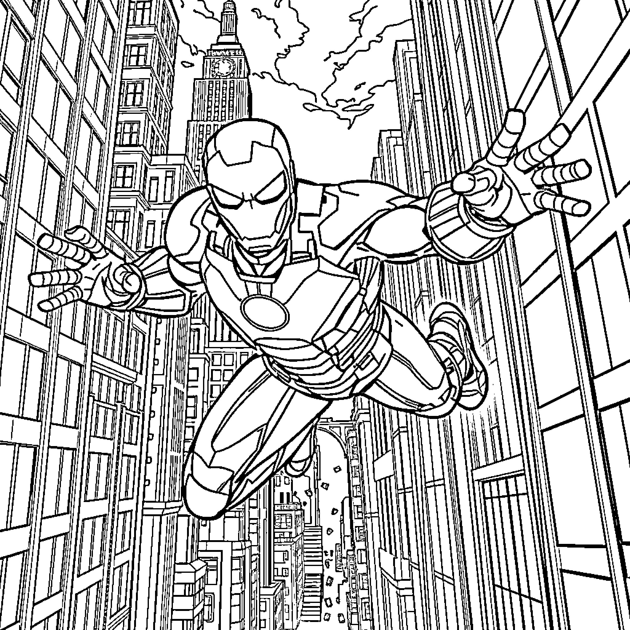 Iron Man soaring through the city skyline Coloring Page (free black-and-white line drawing printable PDF for all, from beginners to advanced learners, including children, teens, adults, and seniors)