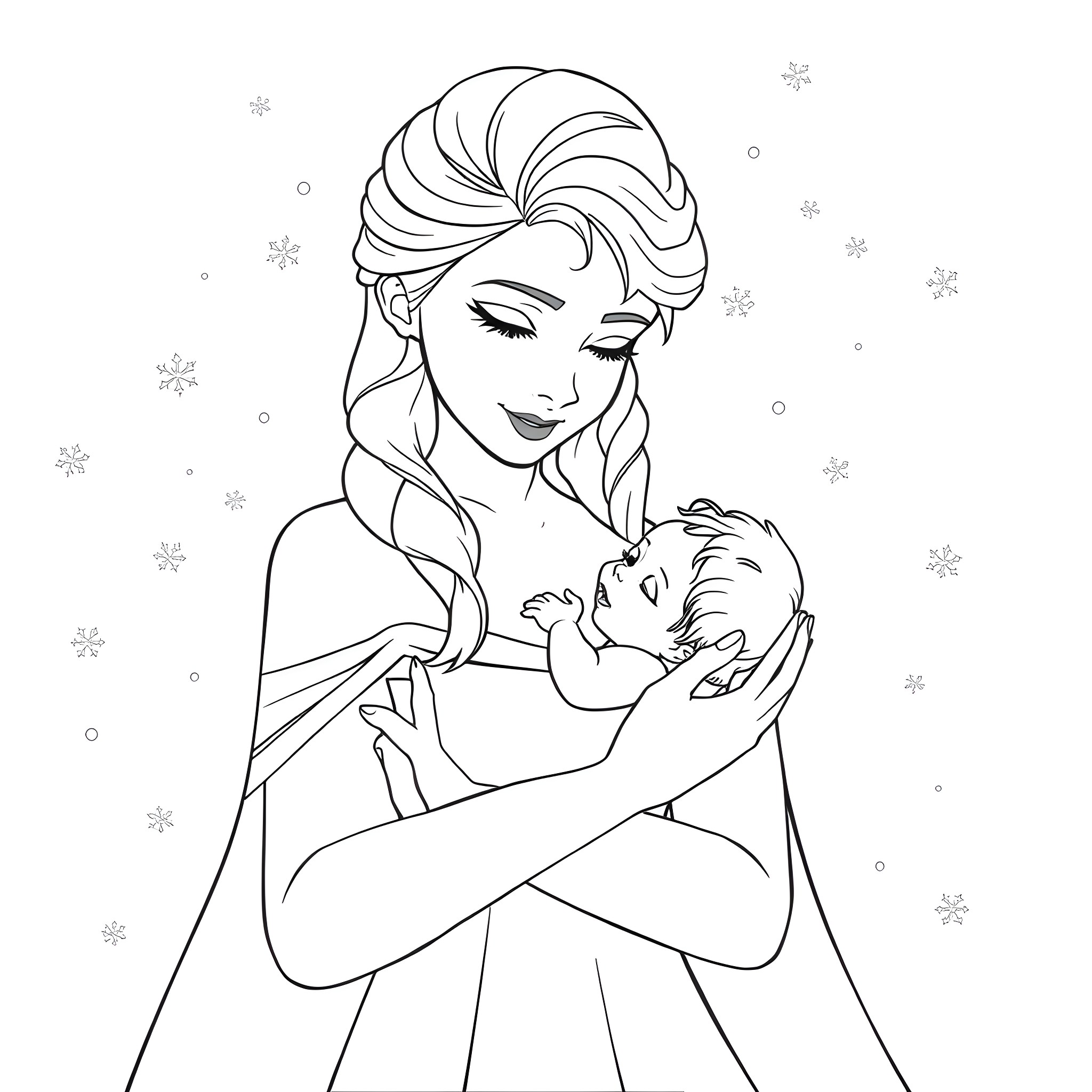 Elsa embracing a young child in the snow Coloring Page (free black-and-white line drawing printable PDF for all, from beginners to advanced learners, including children, teens, adults, and seniors)