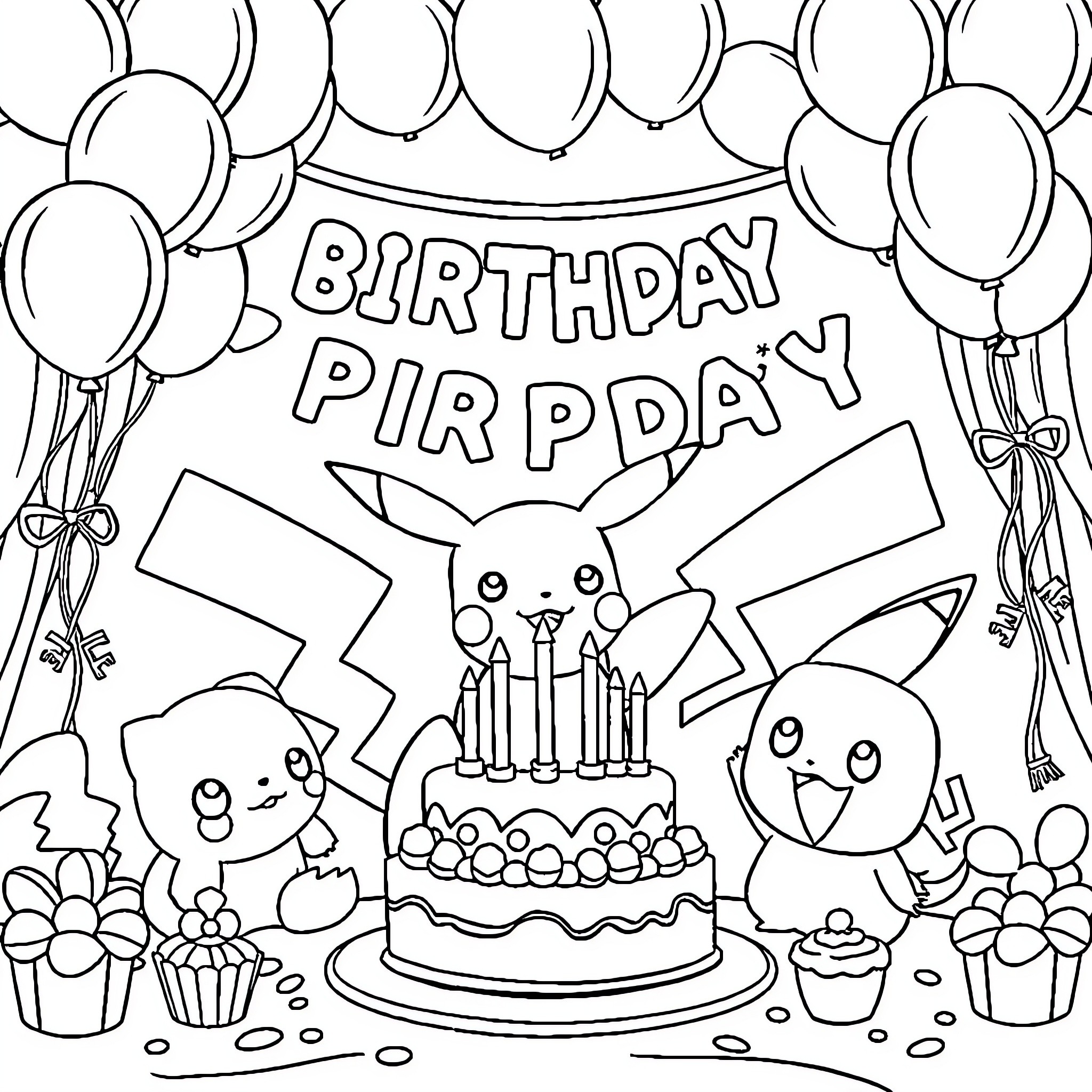 Pokémon Birthday Party with Cake and Balloons Coloring Page (free black-and-white line drawing printable PDF for all, from beginners to advanced learners, including children, teens, adults, and seniors)